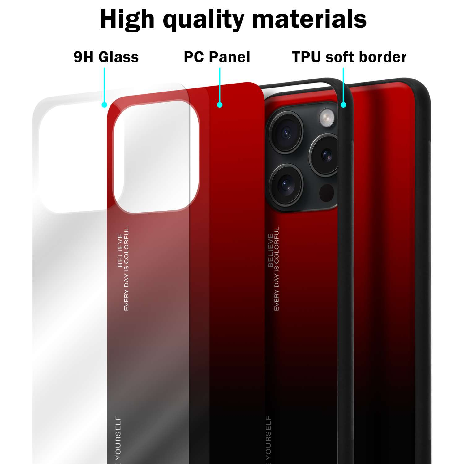 aus Apple, SCHWARZ iPhone TPU PRO, Farben CADORABO Silikon - Glas, Backcover, 15 2 Hülle ROT