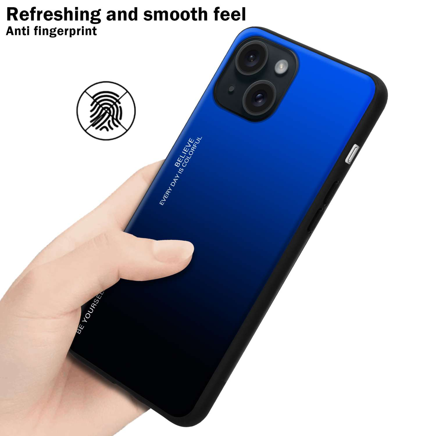 Eine Hand hält eine blau-schwarz verlaufende Handyhülle. Auf der Rückseite befinden sich eine Kamera und der Text 'Believe'.