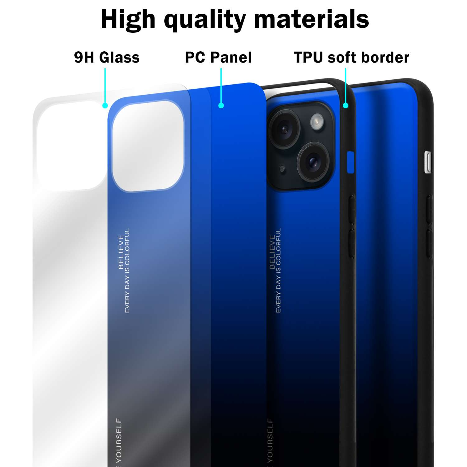 Handyhüllen-Schichten: 9H Glas, PC Panel und TPU weicher Rand. Die Handyhülle ist blau mit Farbverlauf.