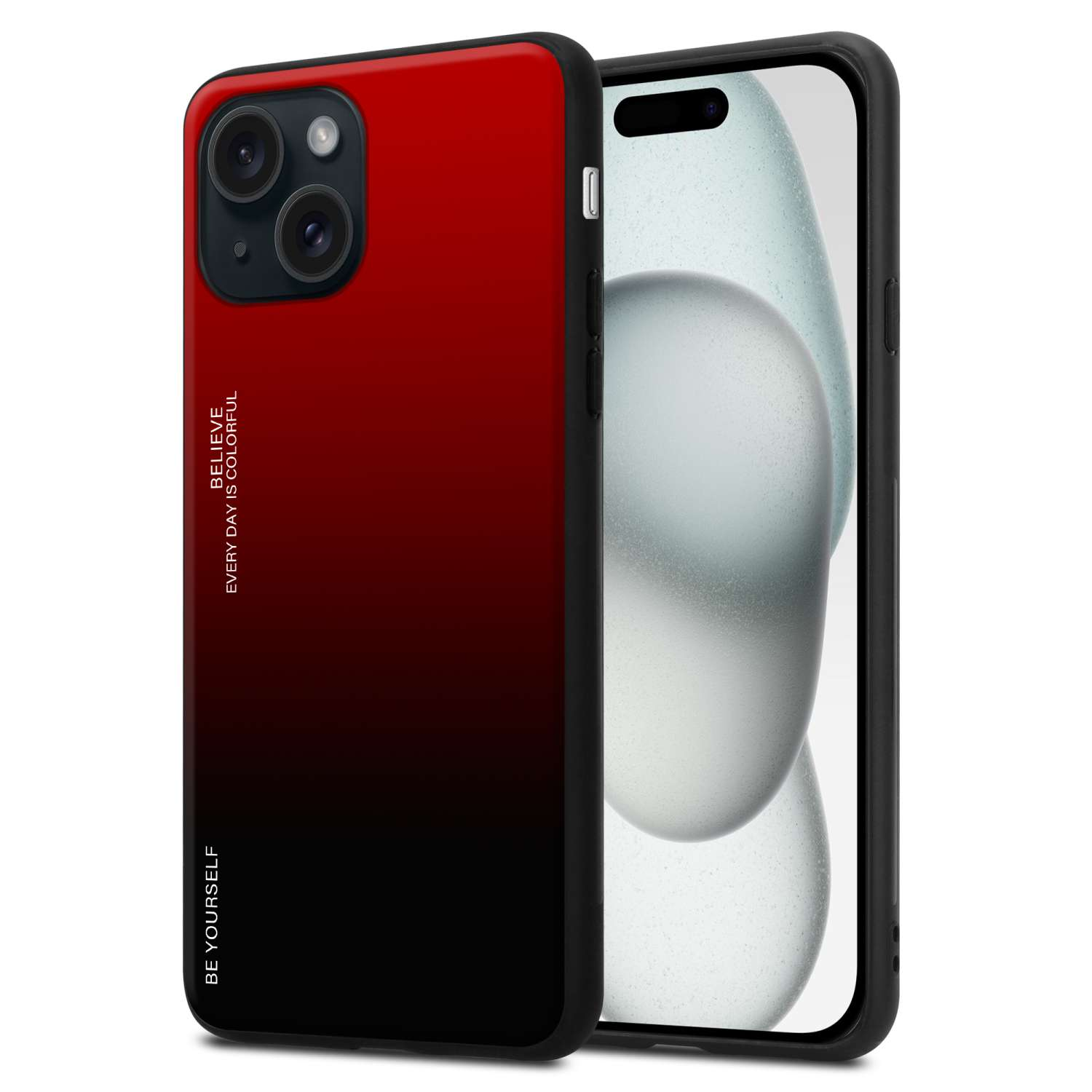 Ein Telefon mit einer rot-schwarzen Farbverlaufshülle. Text auf der Hülle: 'BELIEVE EVERY DAY IS COLORFUL'.