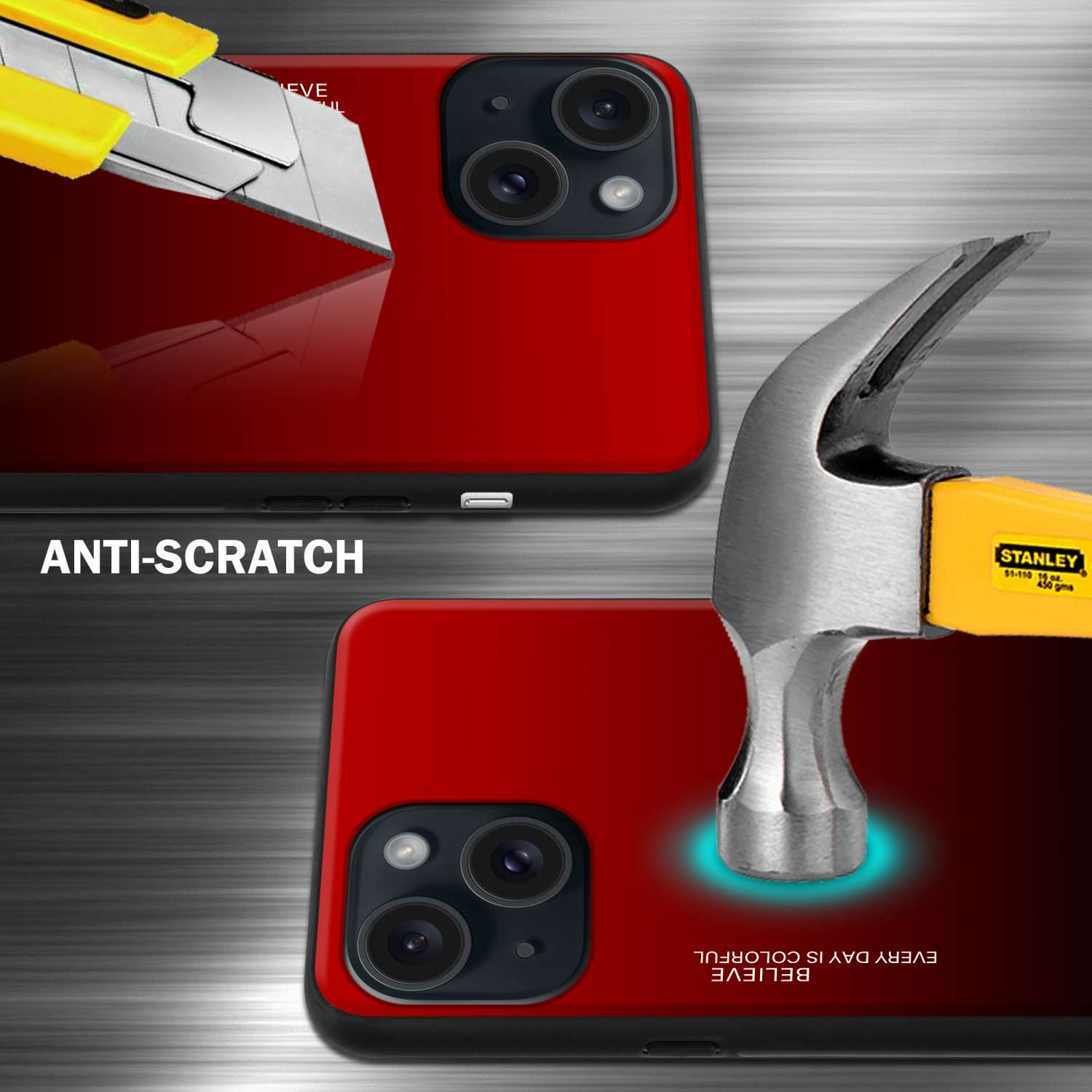Zwei Handyhüllen, ein Hammer und ein Messer. Eine rote Hülle mit schwarzem Deckel und dem Wort Anti-Kratzer.