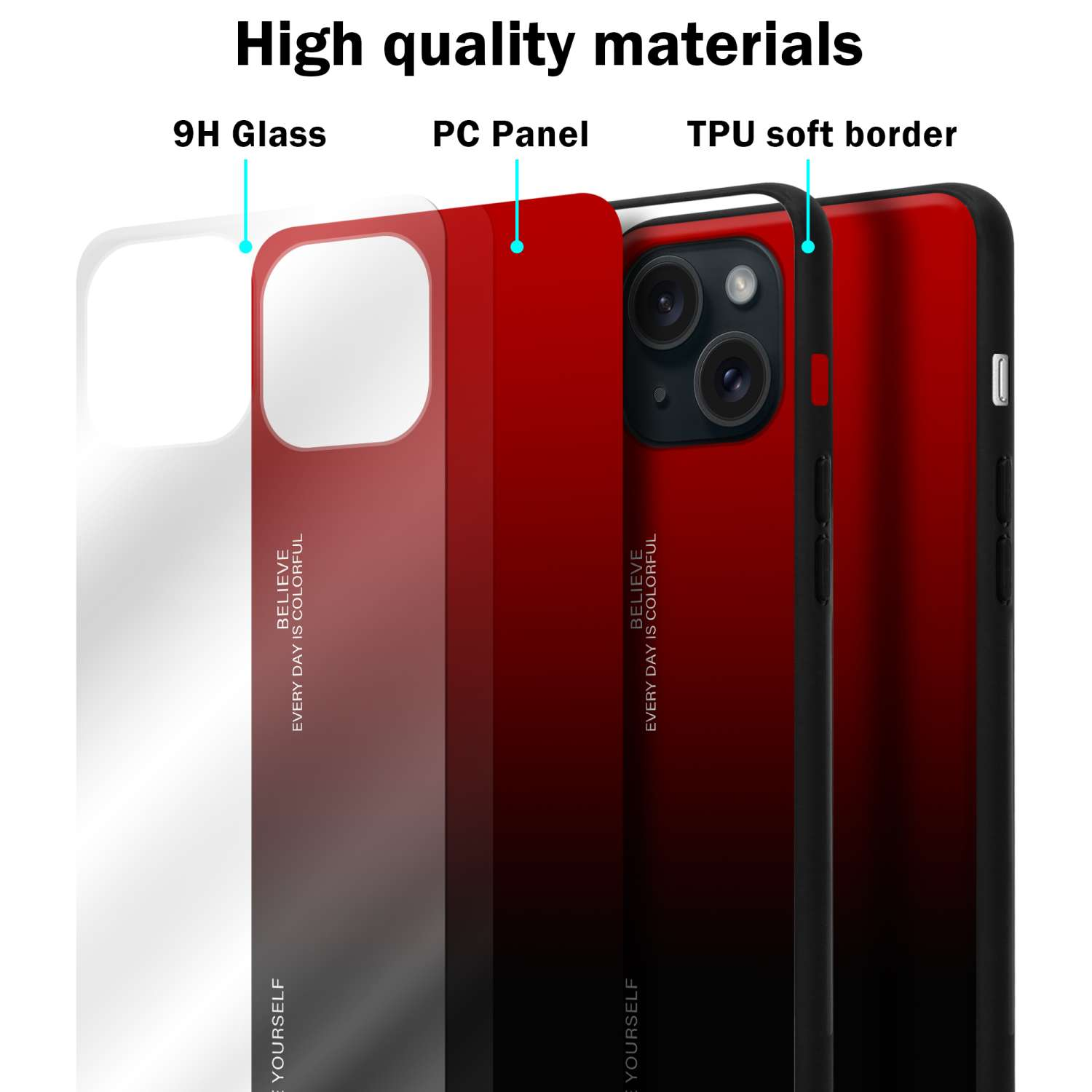 Handyhüllen-Schichten: 9H-Glas, PC-Panel, TPU-Rahmen. Rot-Schwarz-Gradienten-Design.