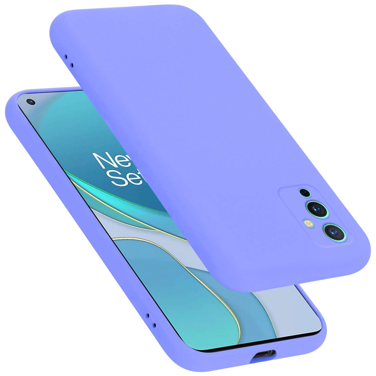 Una custodia per telefono lilla chiaro e un telefono con schermo visibile. La custodia è aperta.