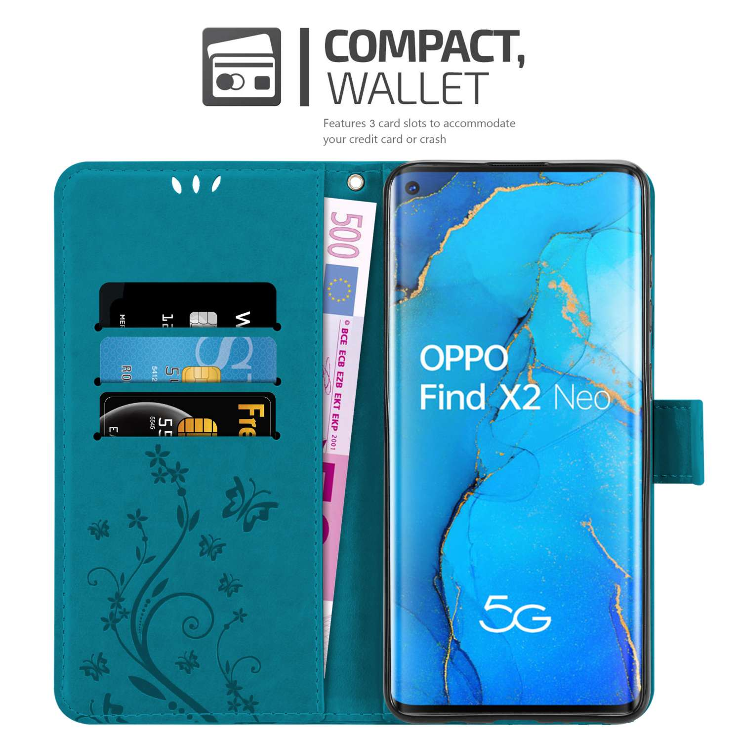 Custodia del telefono aperta. Contiene carte e denaro. Il telefono è Oppo Find X2 Neo. Colore verde acqua. Testo: Portafoglio compatto.