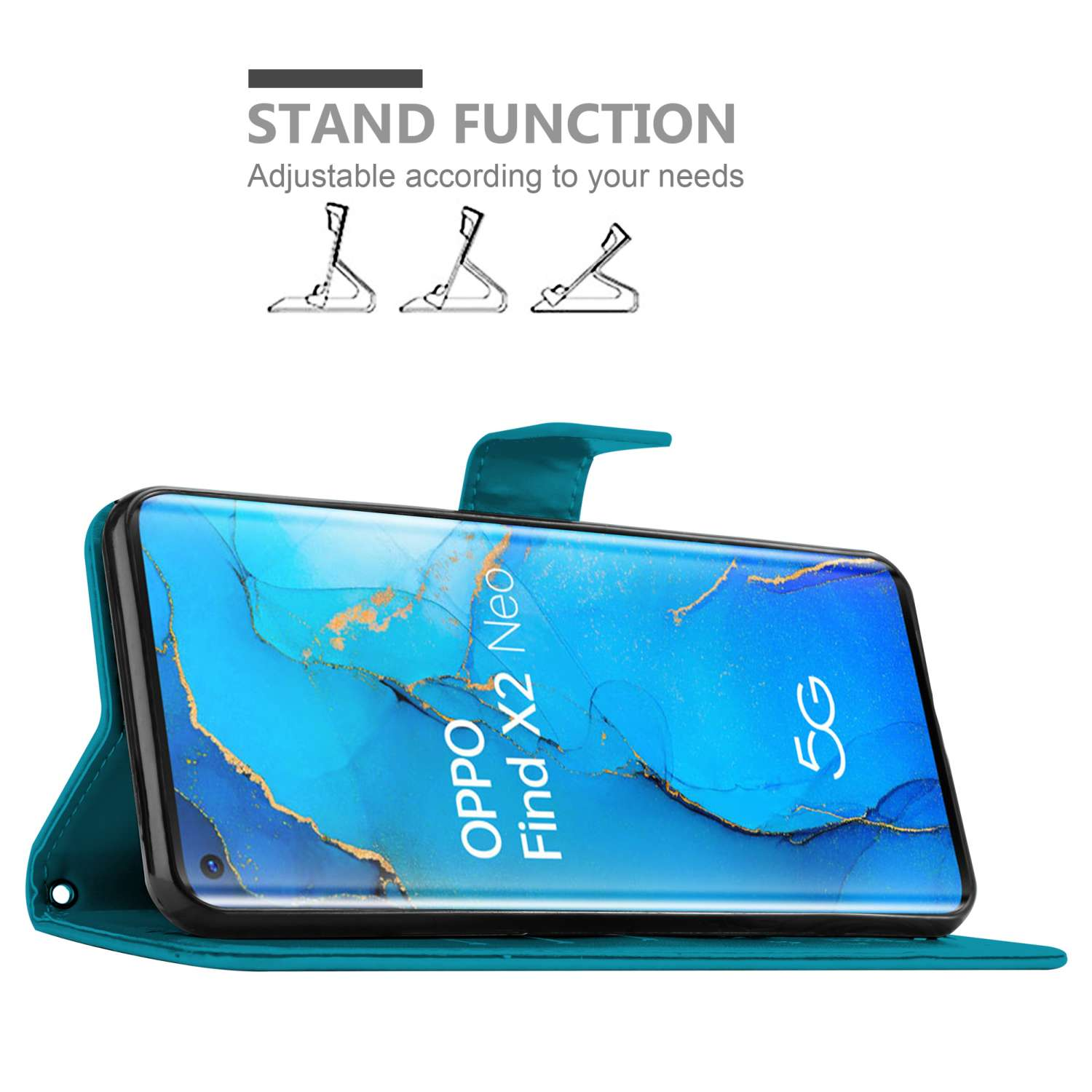 Custodia per telefono verde acqua con schermo del telefono. Testo: Funzione supporto, regolabile in base alle tue esigenze.