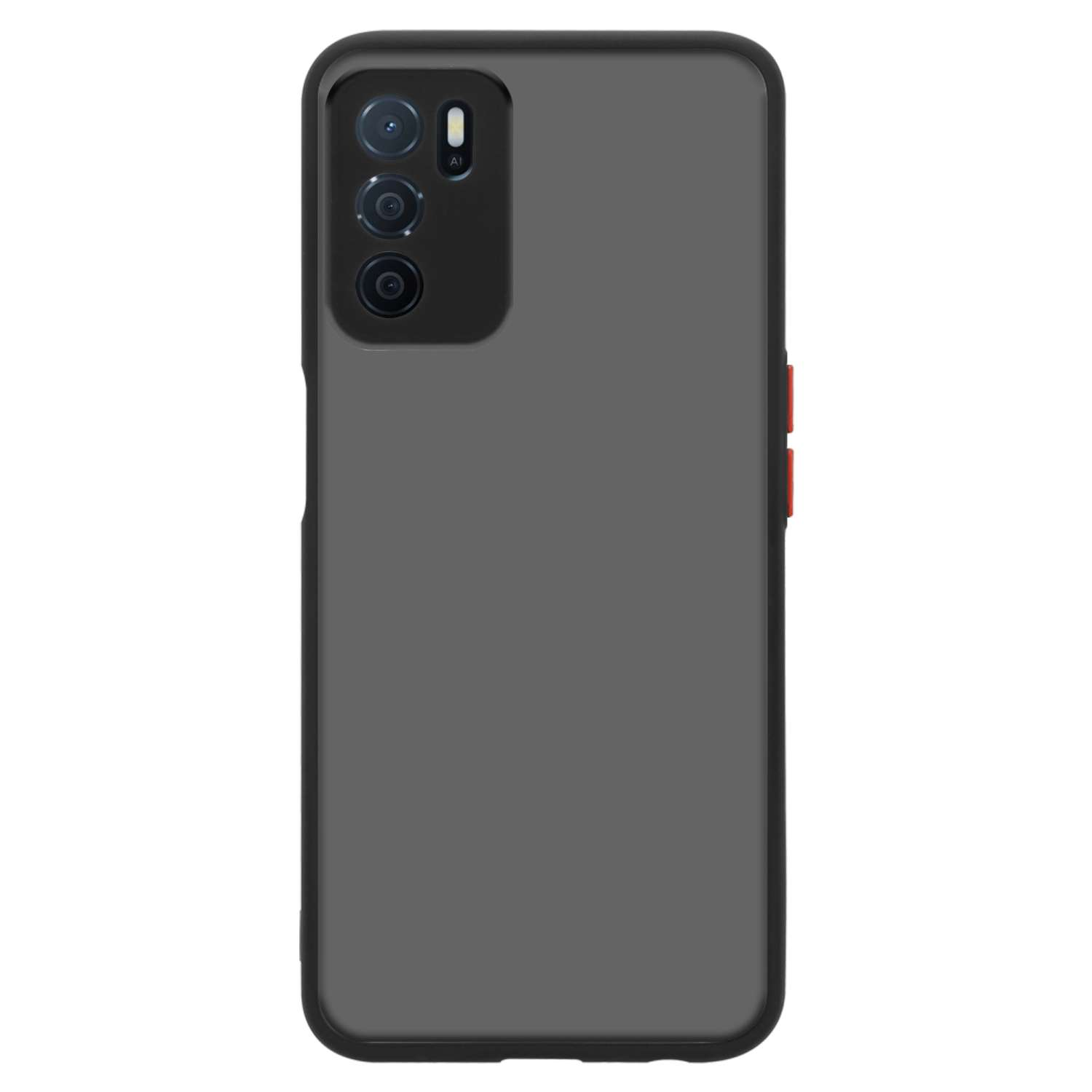 Custodia per telefono grigio scuro, con un ritaglio per la fotocamera e pulsanti rossi sul lato.
