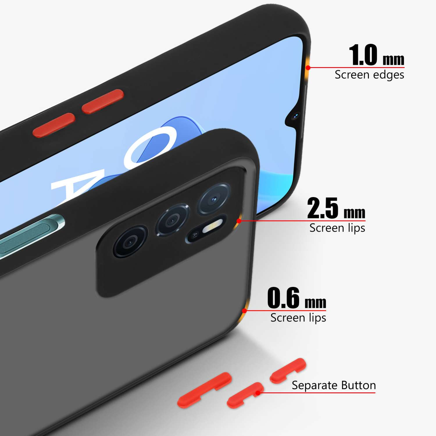Due telefoni e custodie. Testo: bordi schermo da 1,0 mm, bordi schermo da 2,5 mm, bordi schermo da 0,6 mm.
