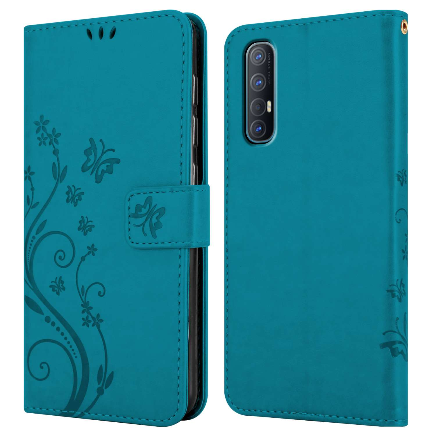 Custodia turchese, design floreale. Custodia aperta che mostra il telefono. Il telefono ha funzioni fotocamera.