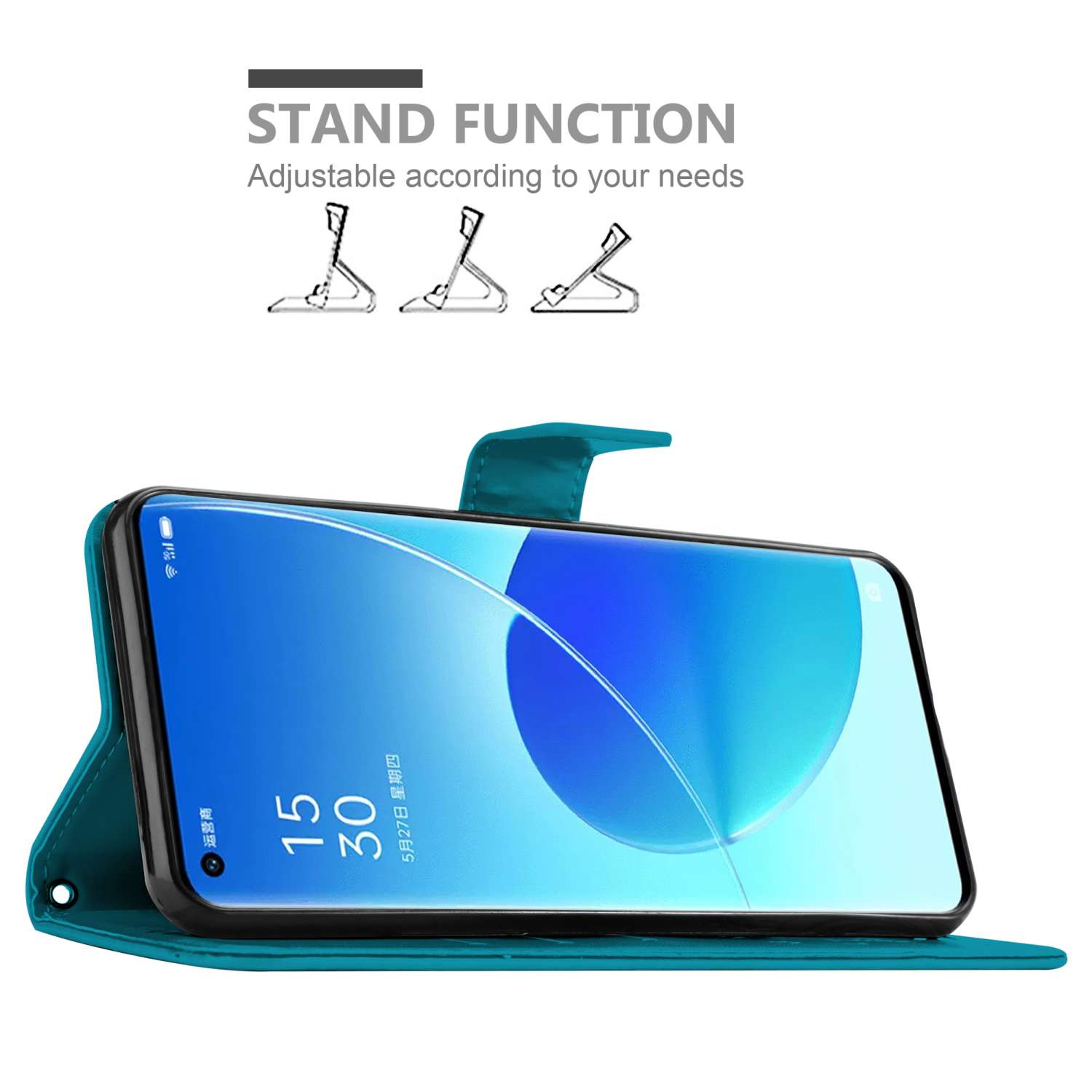 Una custodia per telefono verde acqua con un telefono all'interno, che funge da supporto. Mostra la funzione di supporto con tre posizioni.