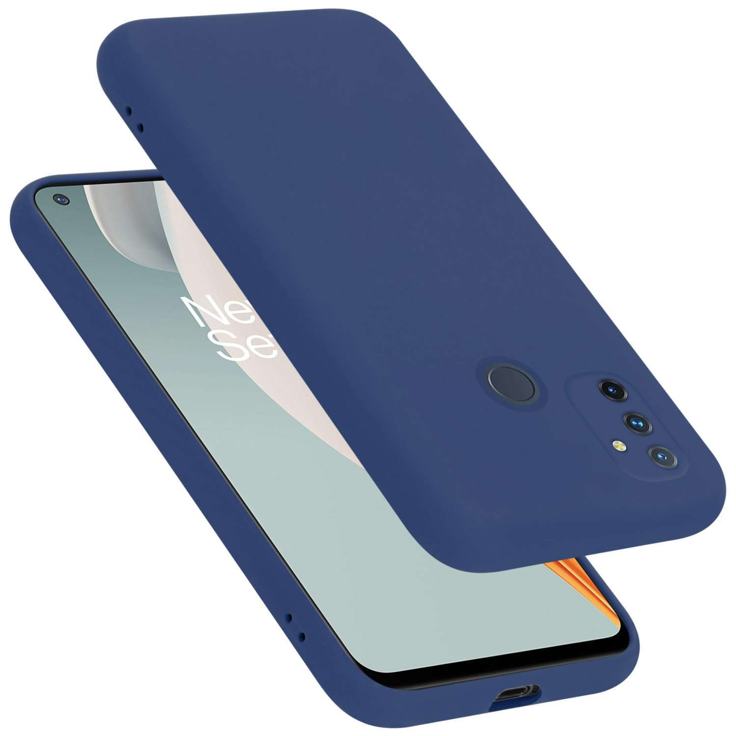 Blaue Handyhülle mit offenem Telefon. Die Hülle befindet sich über dem Telefon.