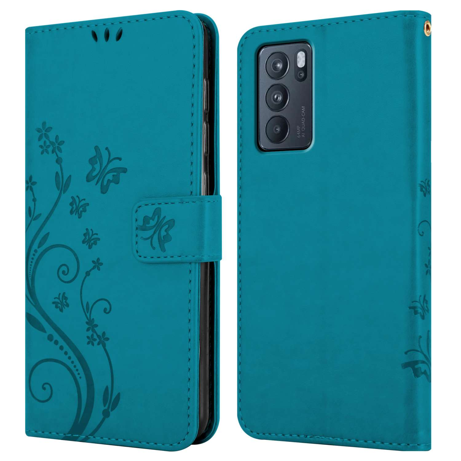 Custodia per telefono turchese, aperta per rivelare un telefono. Design floreale sulla cover sinistra, chiusura magnetica.