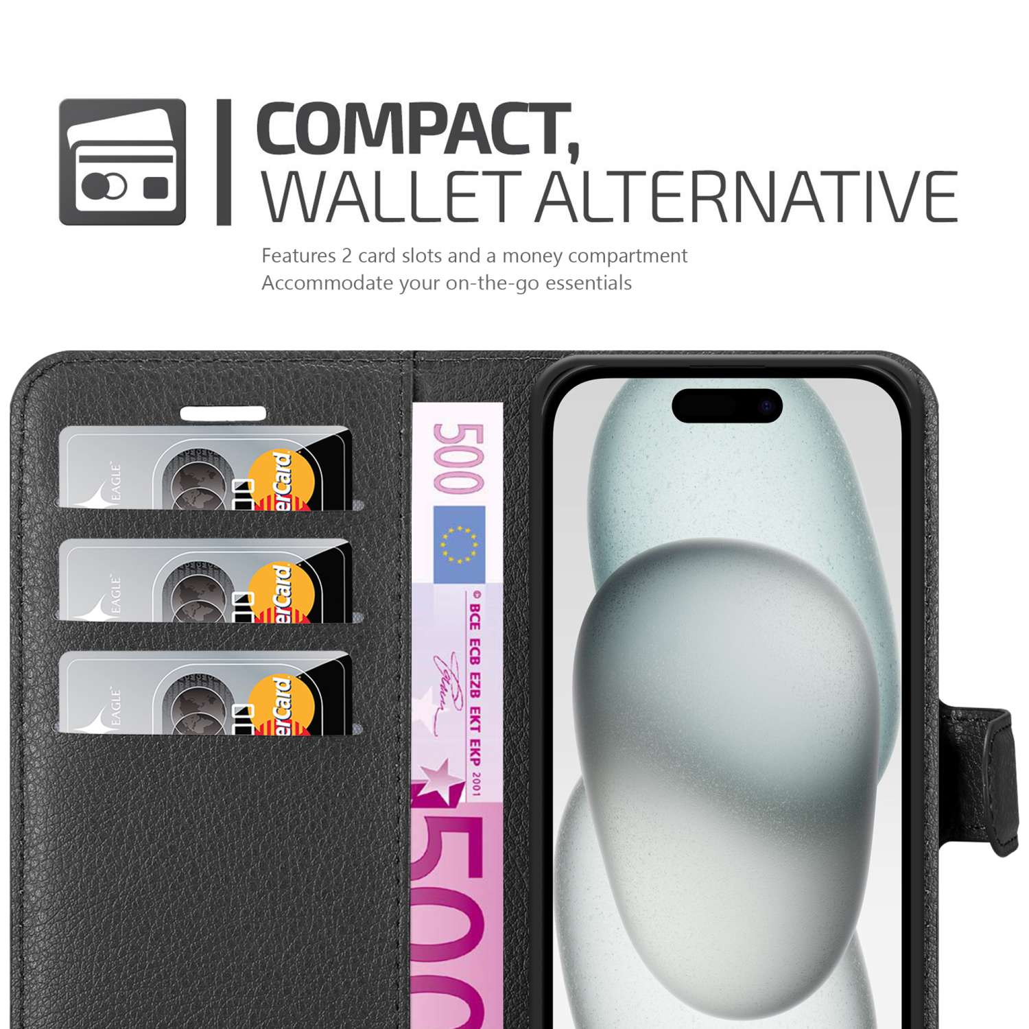 Custodia per telefono nera, con carte e denaro, con etichetta alternativa portafoglio e sfondo sfocato.