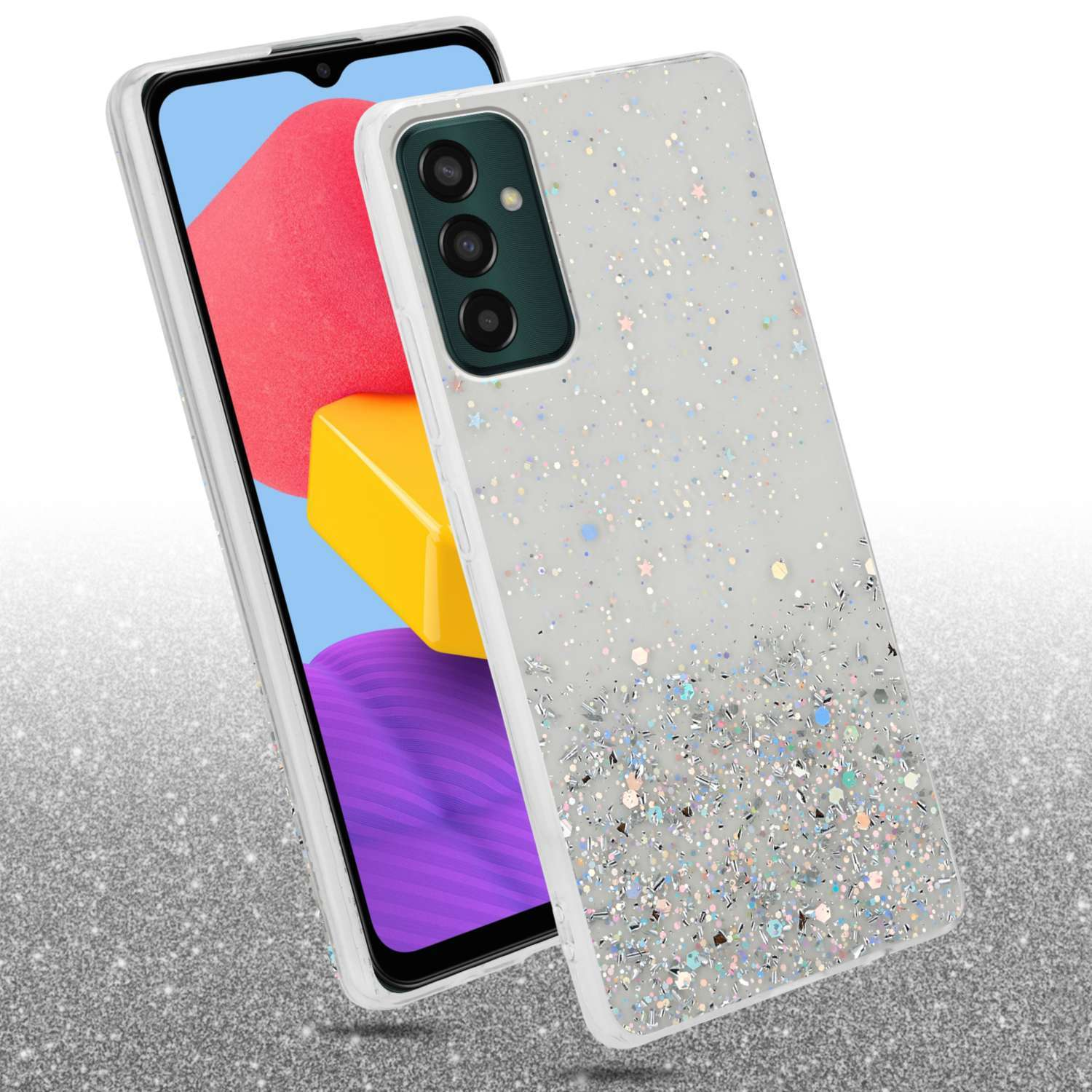 Una custodia per telefono con glitter. Il telefono è in una custodia con una copertura trasparente.