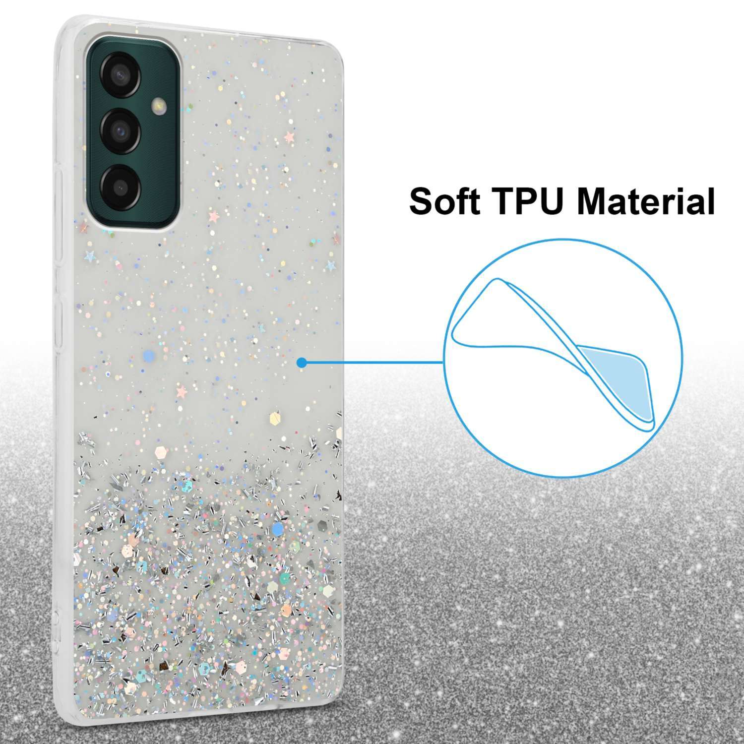 Custodia bianca per telefono con glitter, un cerchio blu e una fotocamera. Materiale TPU morbido etichettato.
