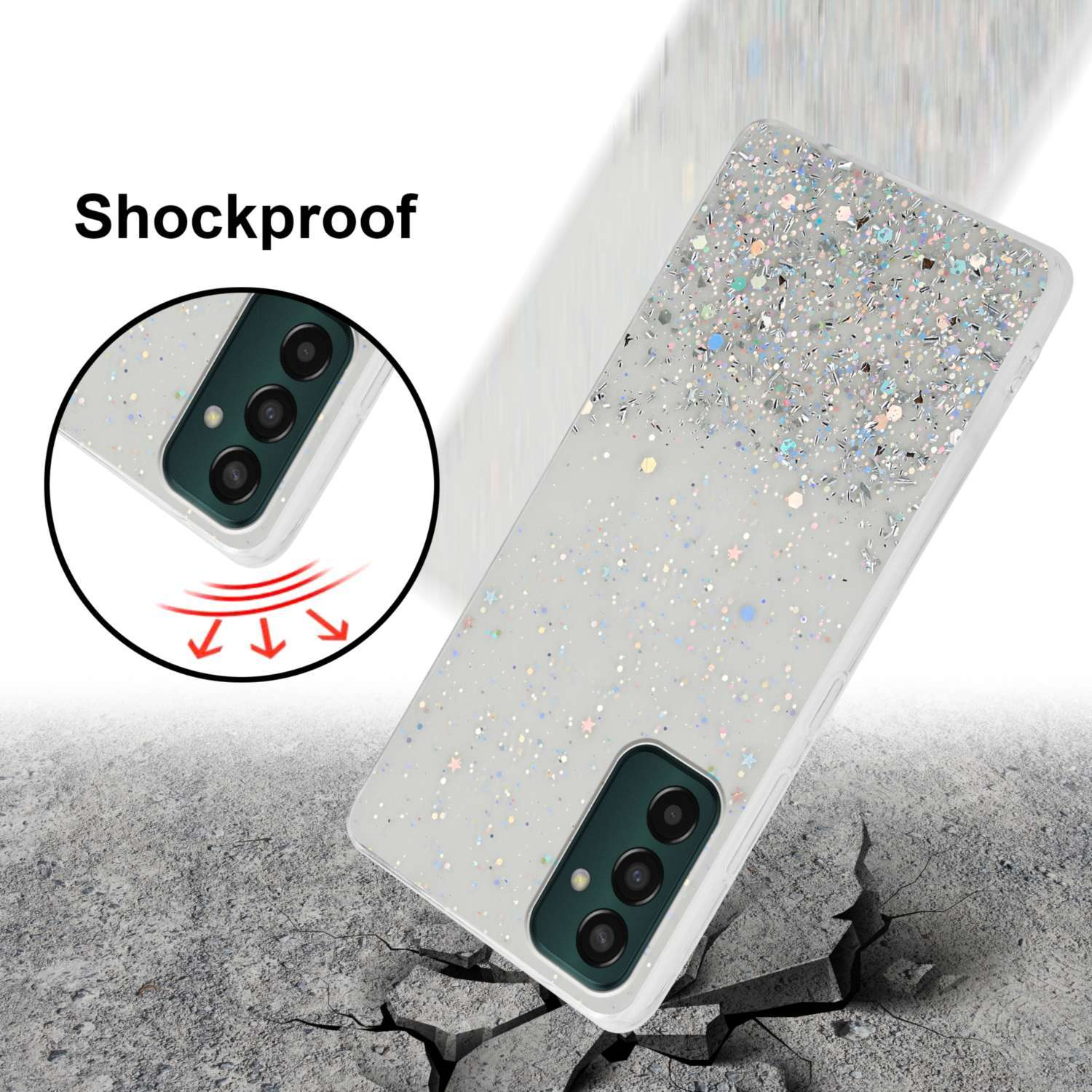 Una custodia per telefono con glitter. La custodia è su un terreno incrinato. Il testo dice antiurto.