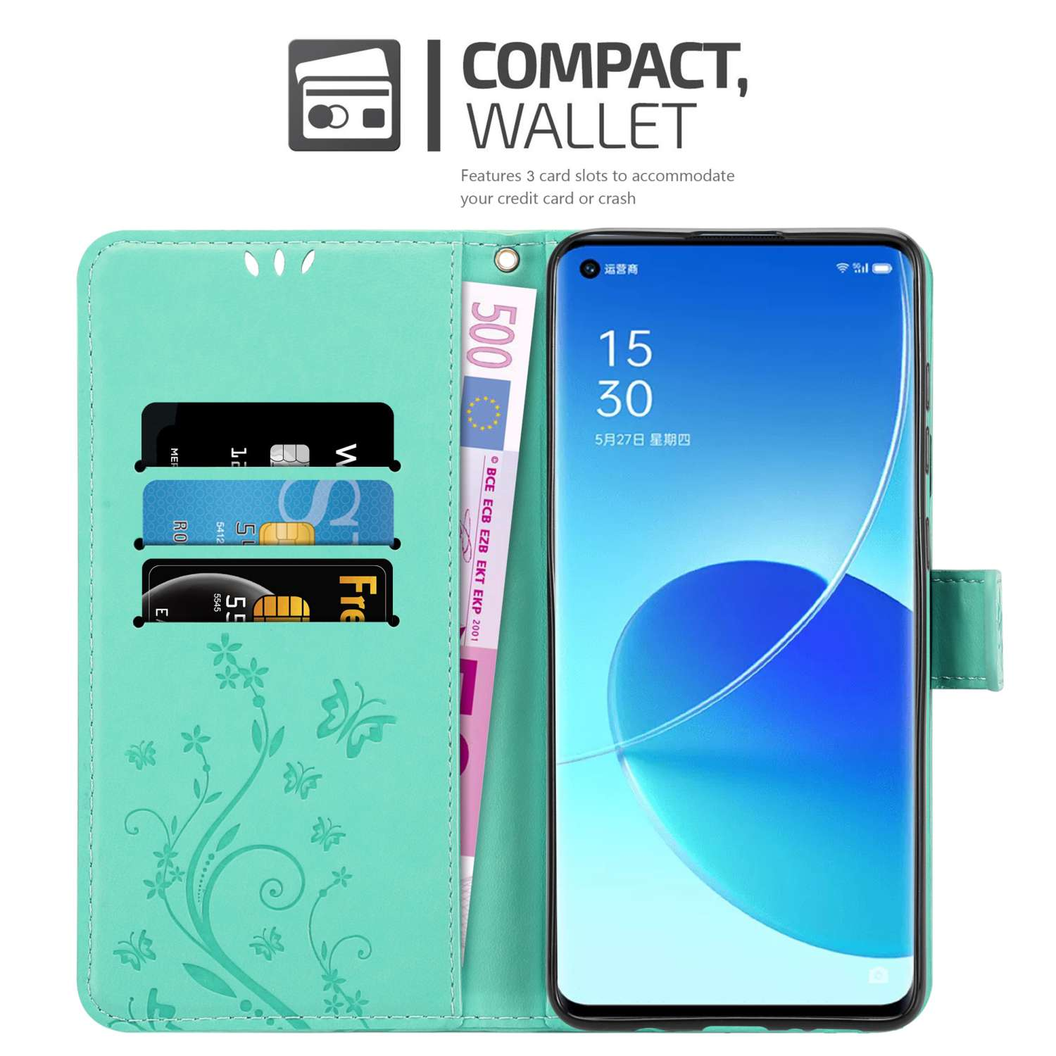 Custodia per telefono aperta con carte e denaro. Telefono a destra. Colore verde menta.