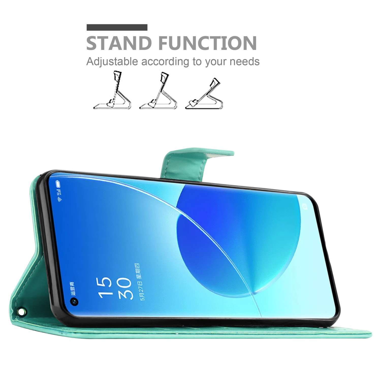 Una custodia per telefono verde acqua con un telefono che mostra un design ad acqua verde acqua e ciano.