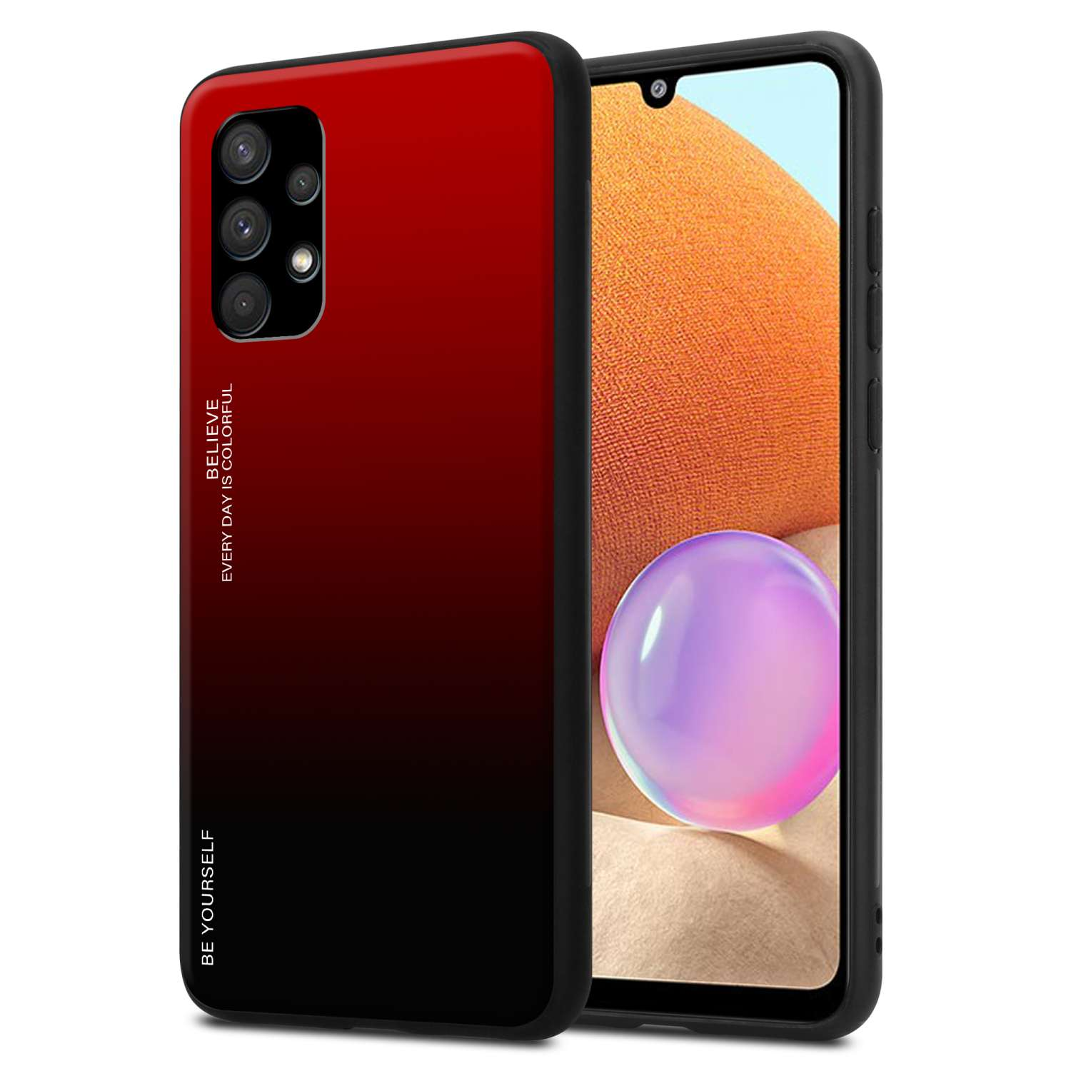 Custodia per telefono con una sfumatura rossa e nera. Testo: 'Believe Every Day is Colorful, Be Yourself'. Sfondo nero.