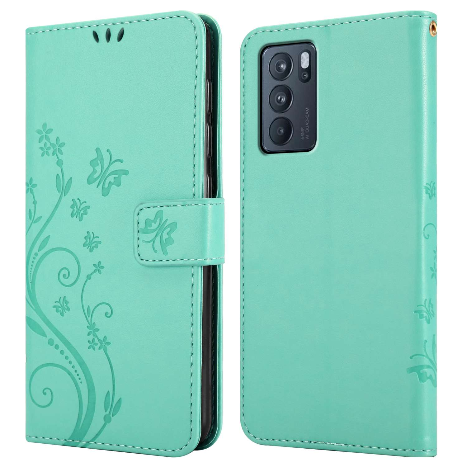 Una custodia per telefono verde acqua è aperta e mostra il telefono e il retro della custodia con un design floreale.