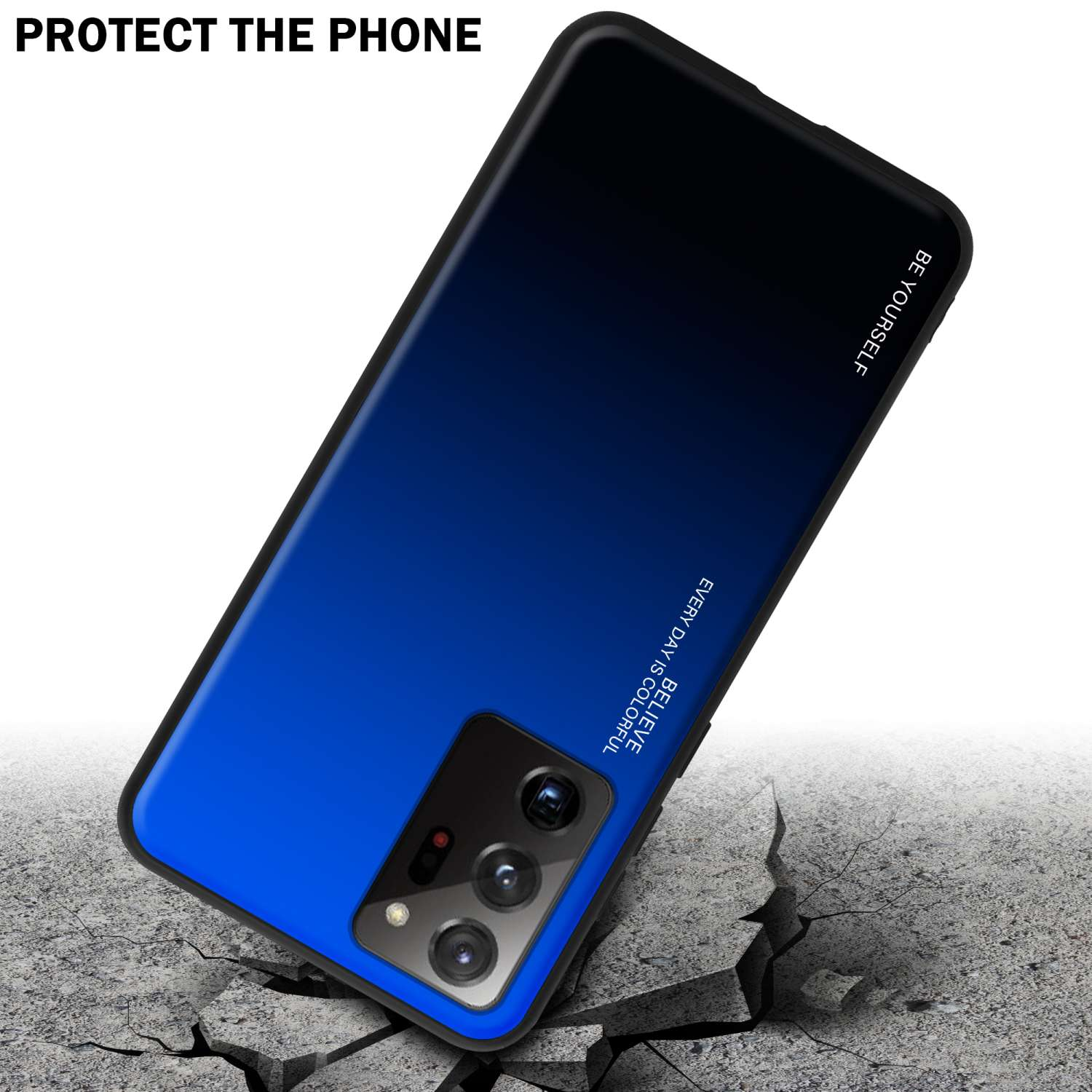 Una custodia per telefono blu e nera. Sta cadendo e si sta rompendo su una superficie.