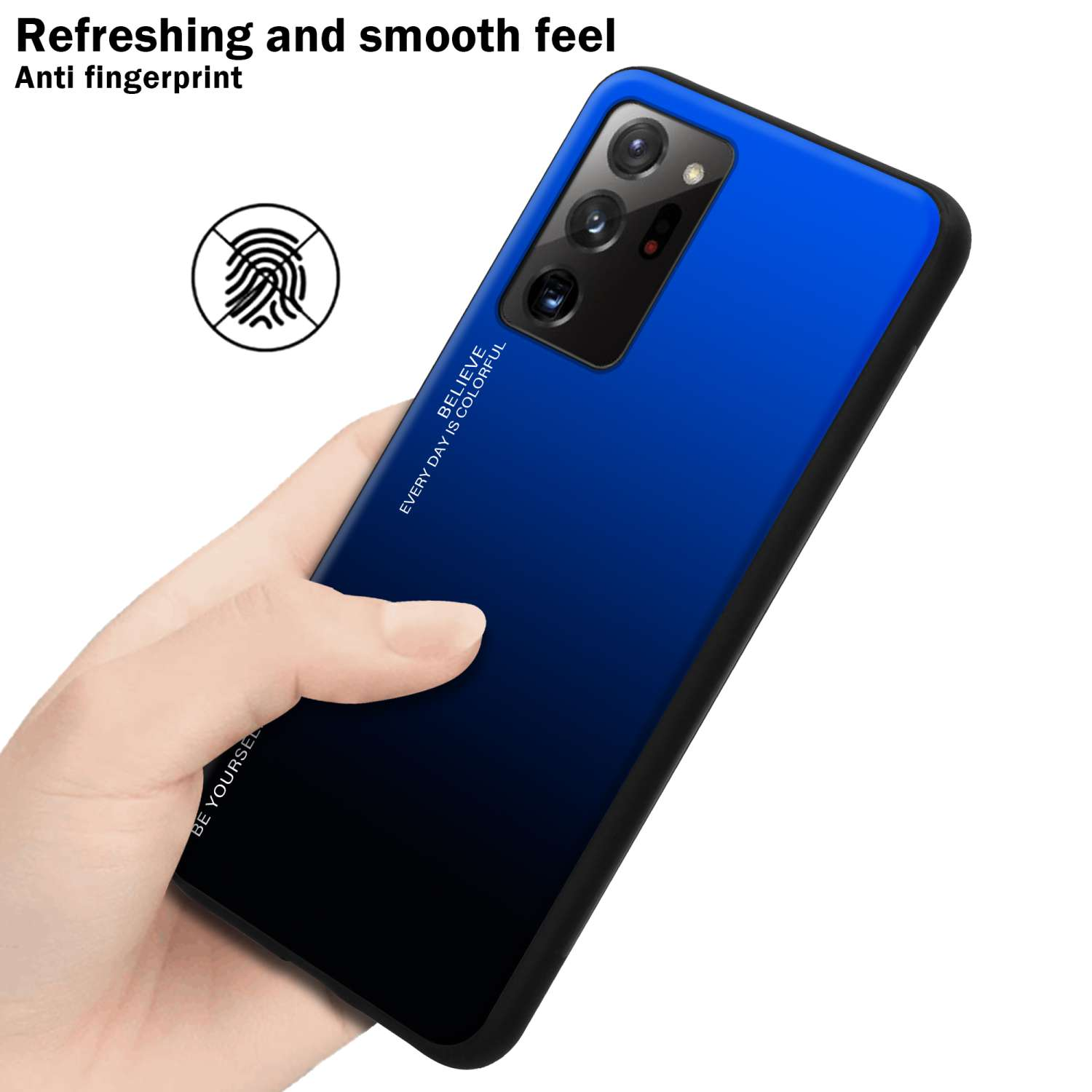 Mano che tiene un telefono con custodia sfumata blu. Testo: Sensazione rinfrescante e liscia. Anti-impronte digitali.