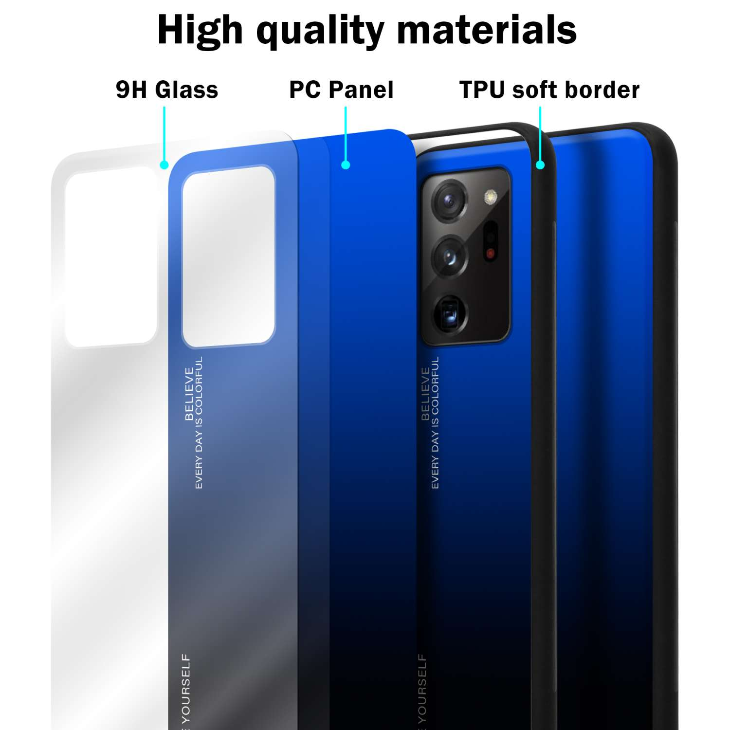 Una custodia per telefono con un design a strati: vetro 9H, pannello in PC e bordo morbido in TPU. Mostra la fotocamera del telefono.