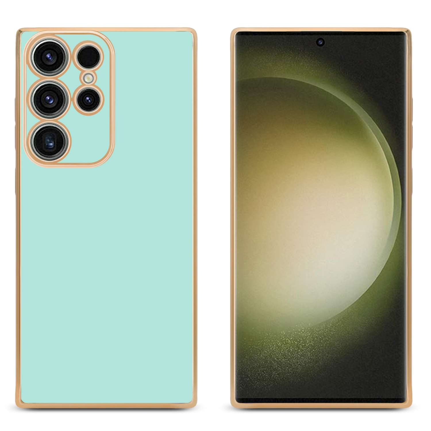 Due telefoni: uno con retro verde menta, finiture dorate, l'altro con schermo acceso. Entrambi hanno finiture dorate.