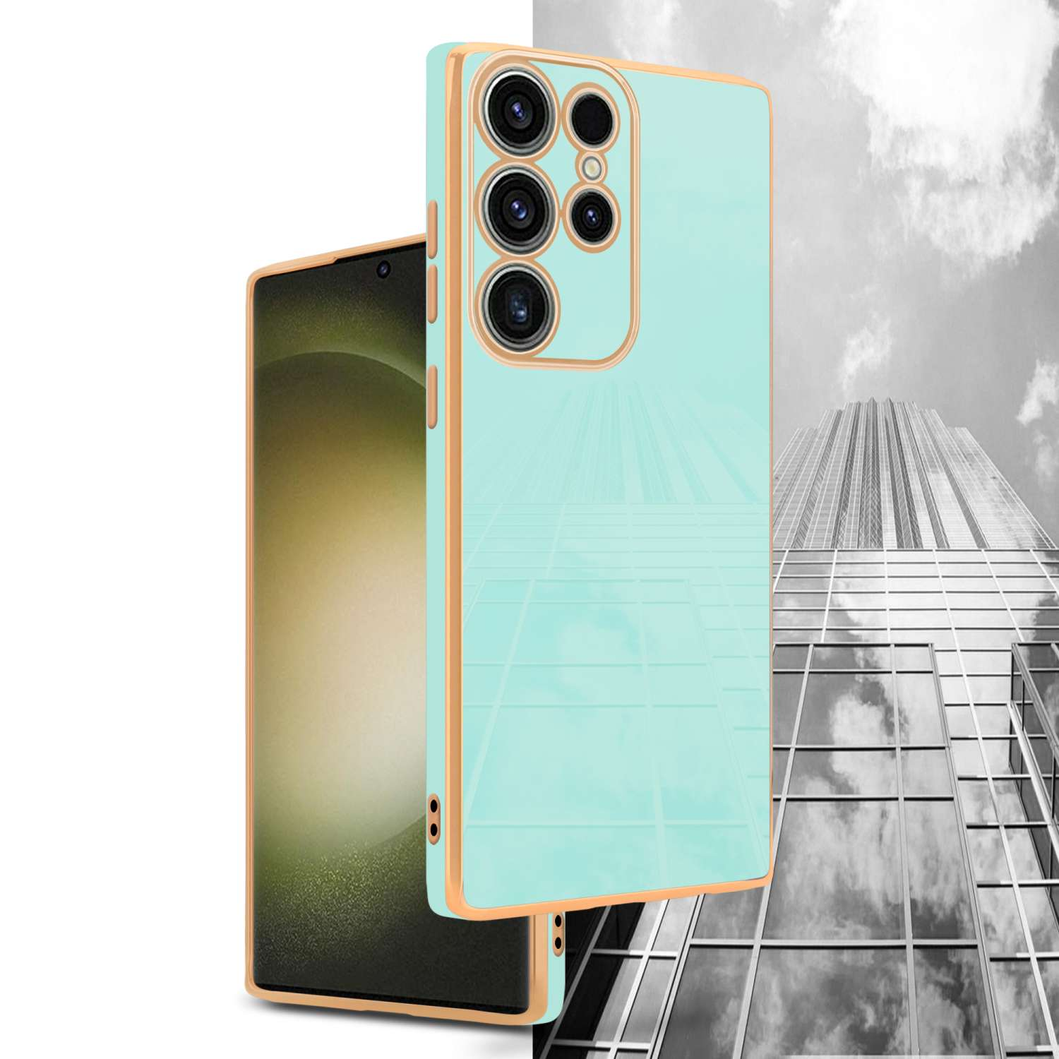 Una custodia per telefono azzurro con finiture dorate esposta accanto a un telefono con schermo.