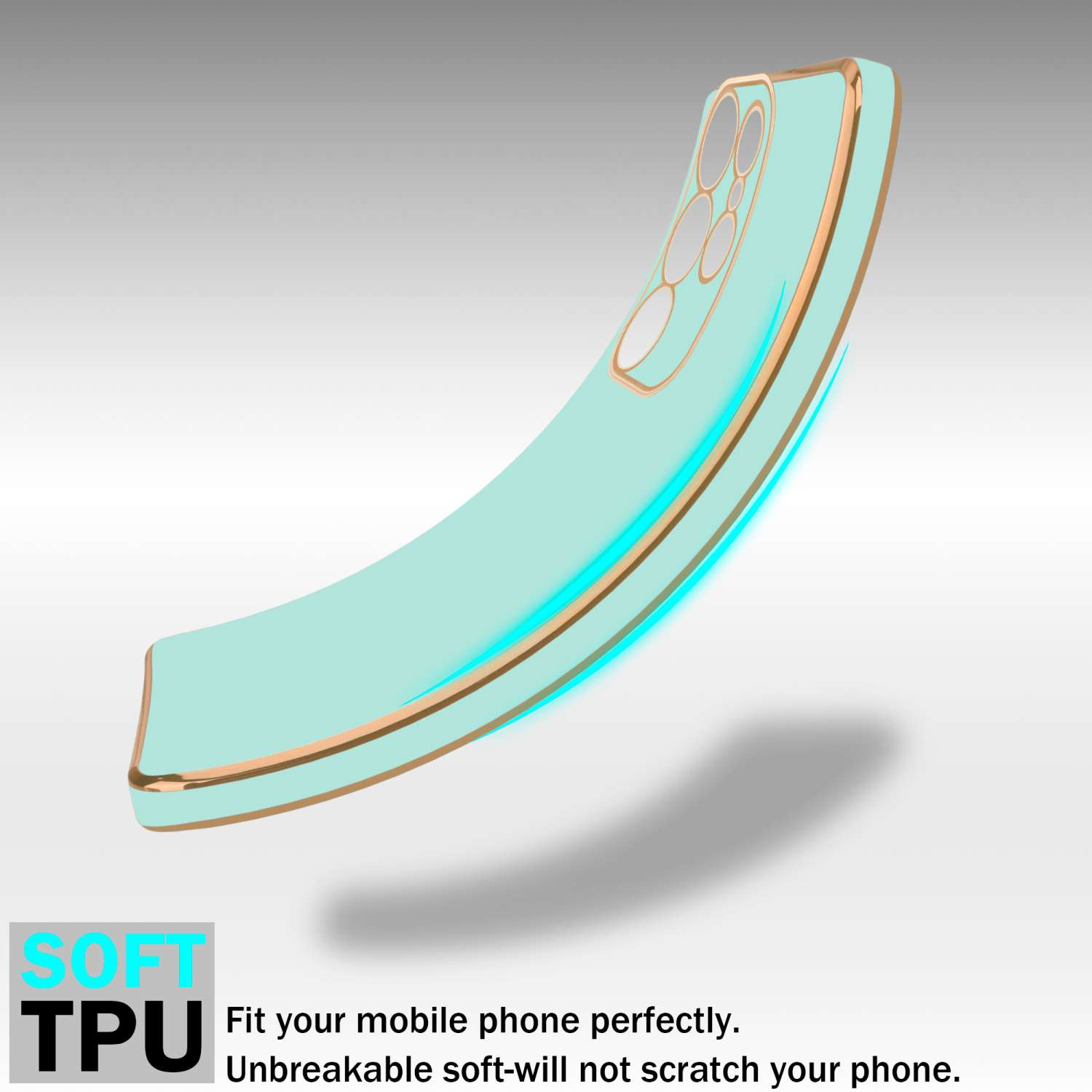 Custodia per telefono verde menta con cornice dorata. Testo: TPU morbido, Si adatta perfettamente.