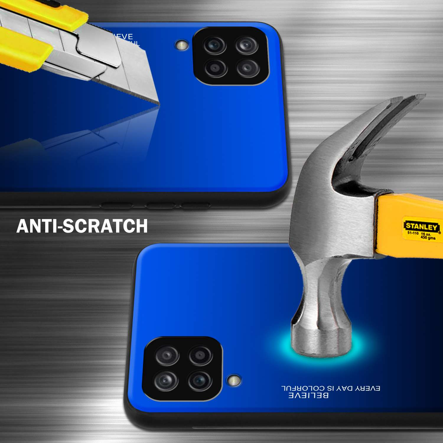 Schermi blu del telefono tagliati e colpiti con un martello. Testo: Antigraffio.