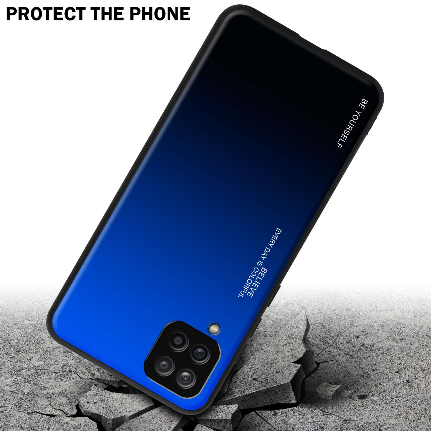 Custodia per telefono blu e nera. La custodia è posizionata su una superficie rotta.