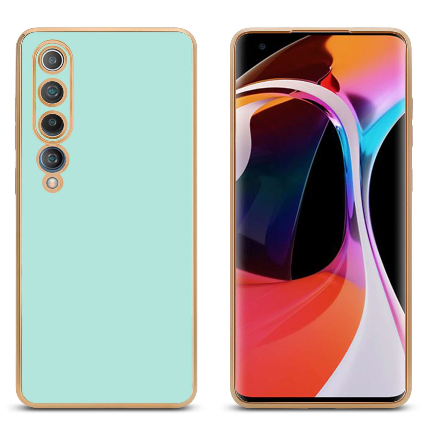 Due telefoni. Uno verde menta, uno con schermo con sfondo colorato.