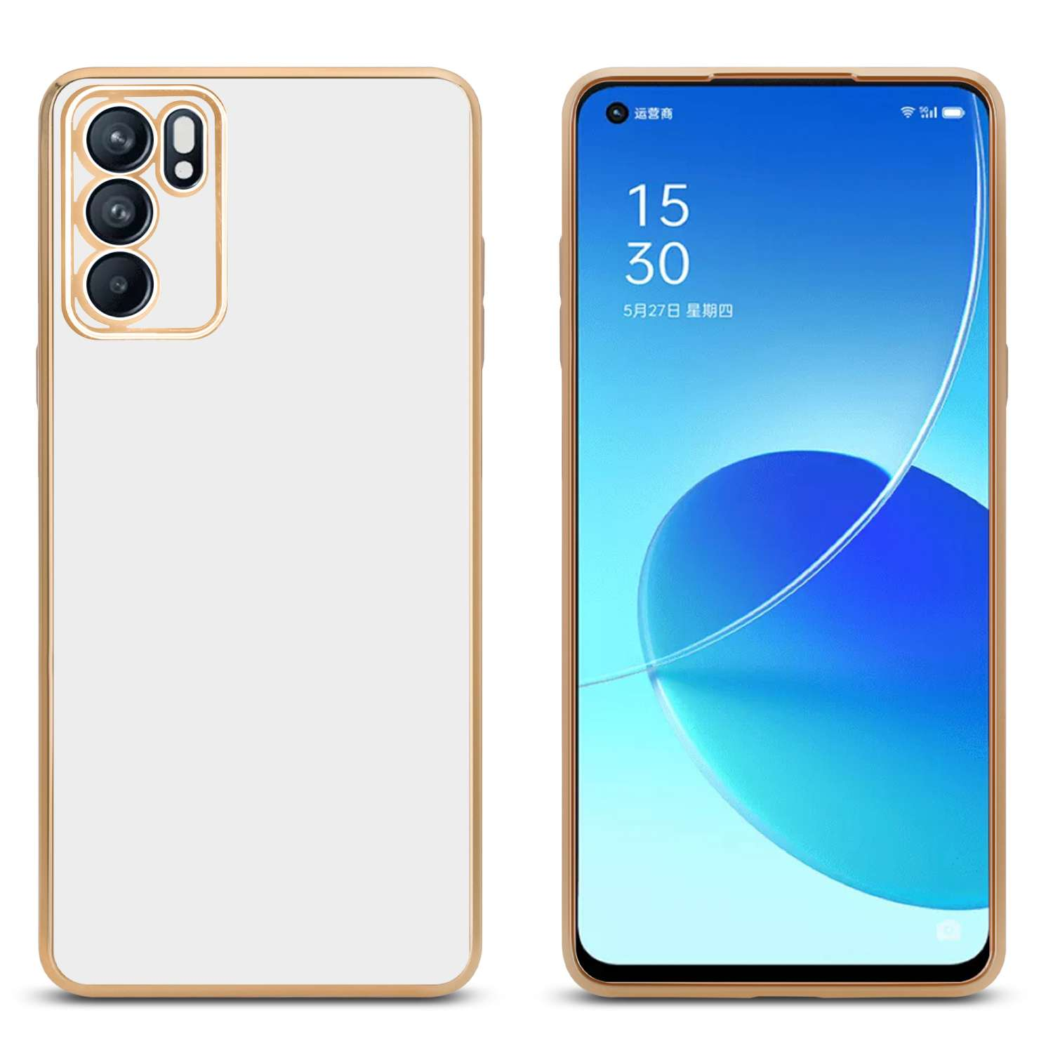 Telefon in goldgerändertem weißen Case. Rechts zeigt der Bildschirm Uhrzeit und Datum.