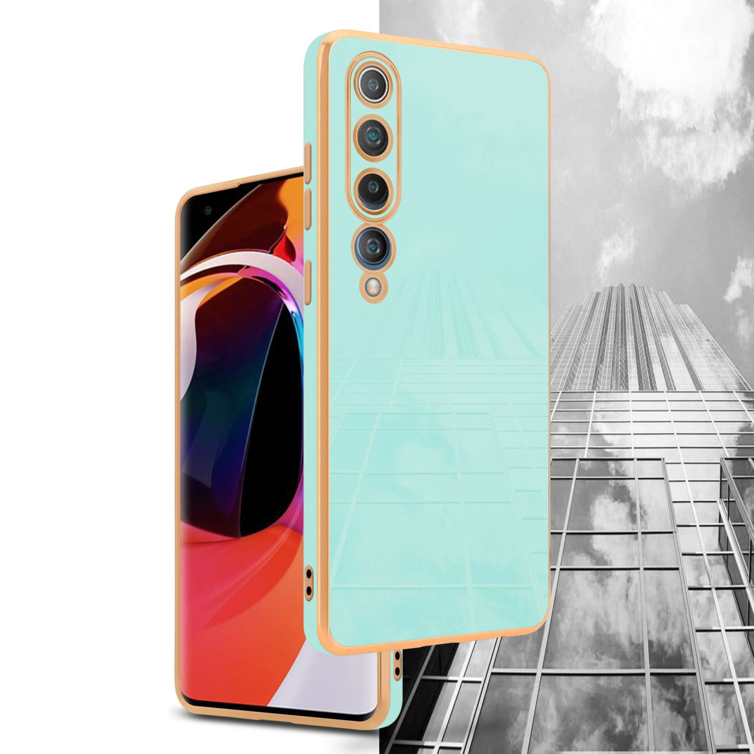 Custodia per telefono con due telefoni, uno nella custodia, l'altro senza, con cornice dorata.