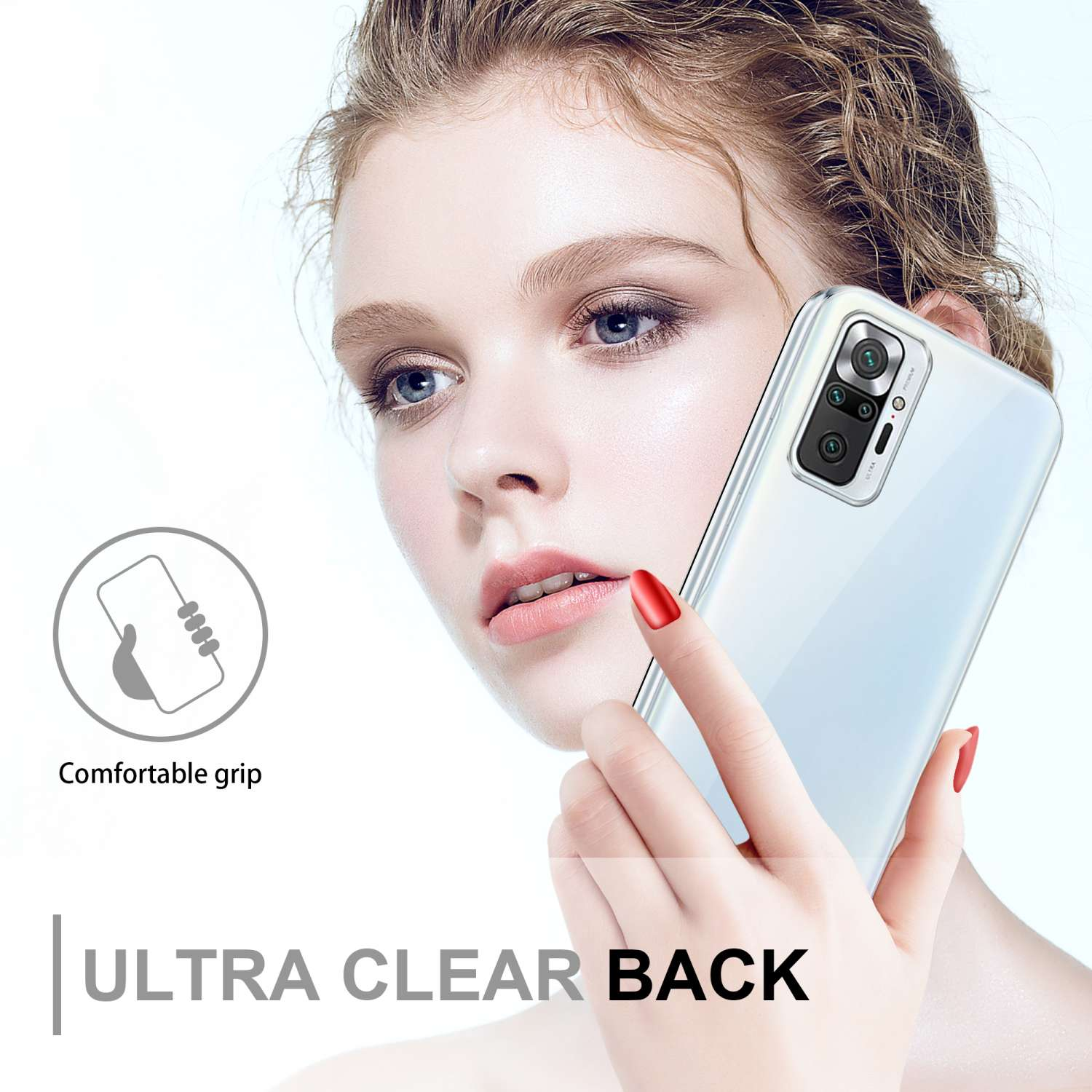 Mujer sosteniendo un teléfono con funda transparente, texto 'ULTRA CLEAR BACK'.