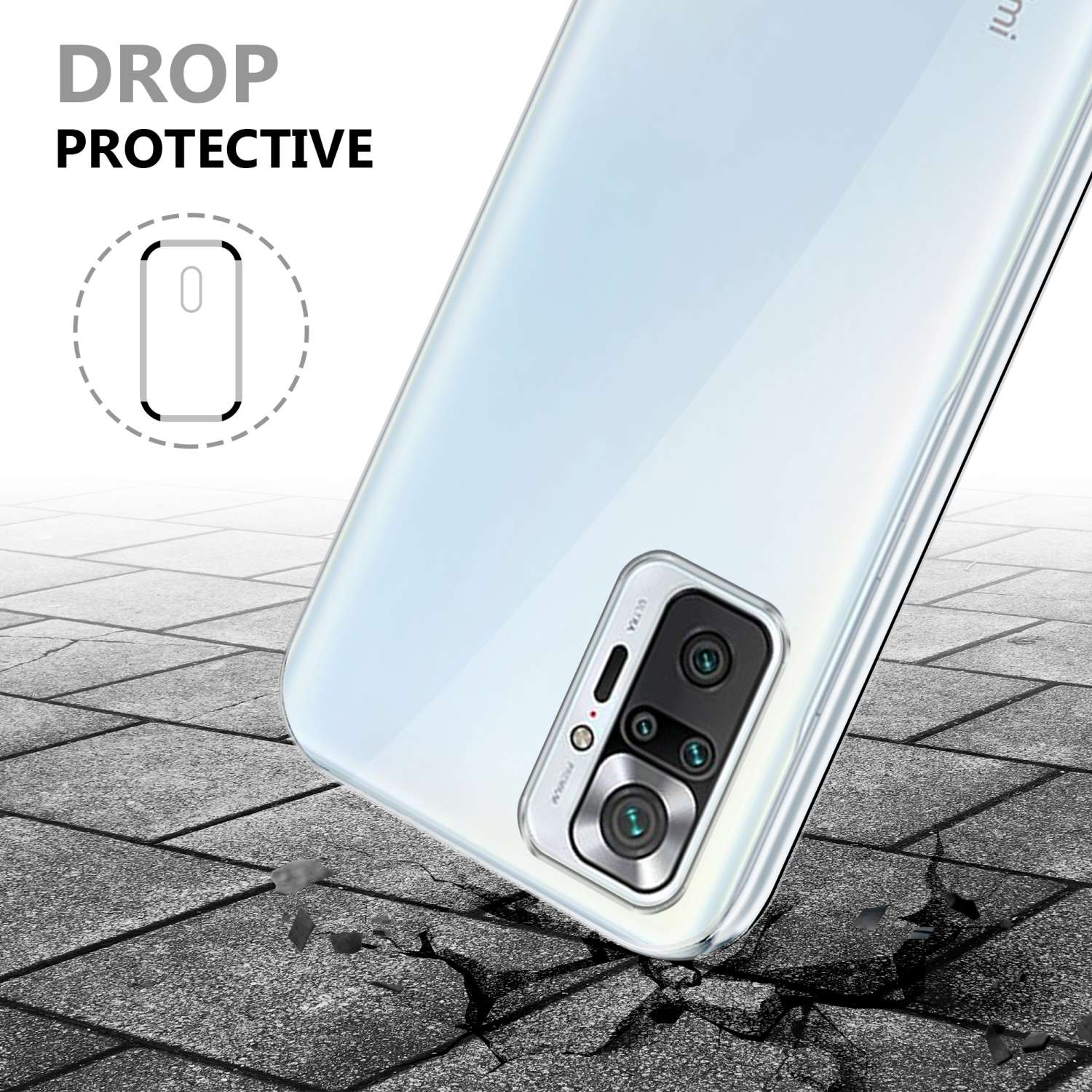 Funda transparente con texto 'DROP PROTECTIVE' sobre superficie agrietada.