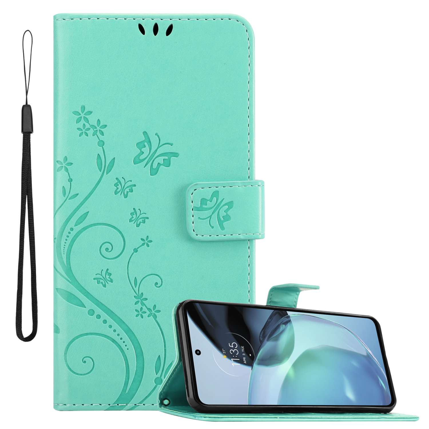 Hülle Case, Muster Flower TÜRKIS Bookcover, Motorola, G72, Blumen CADORABO MOTO FLORAL