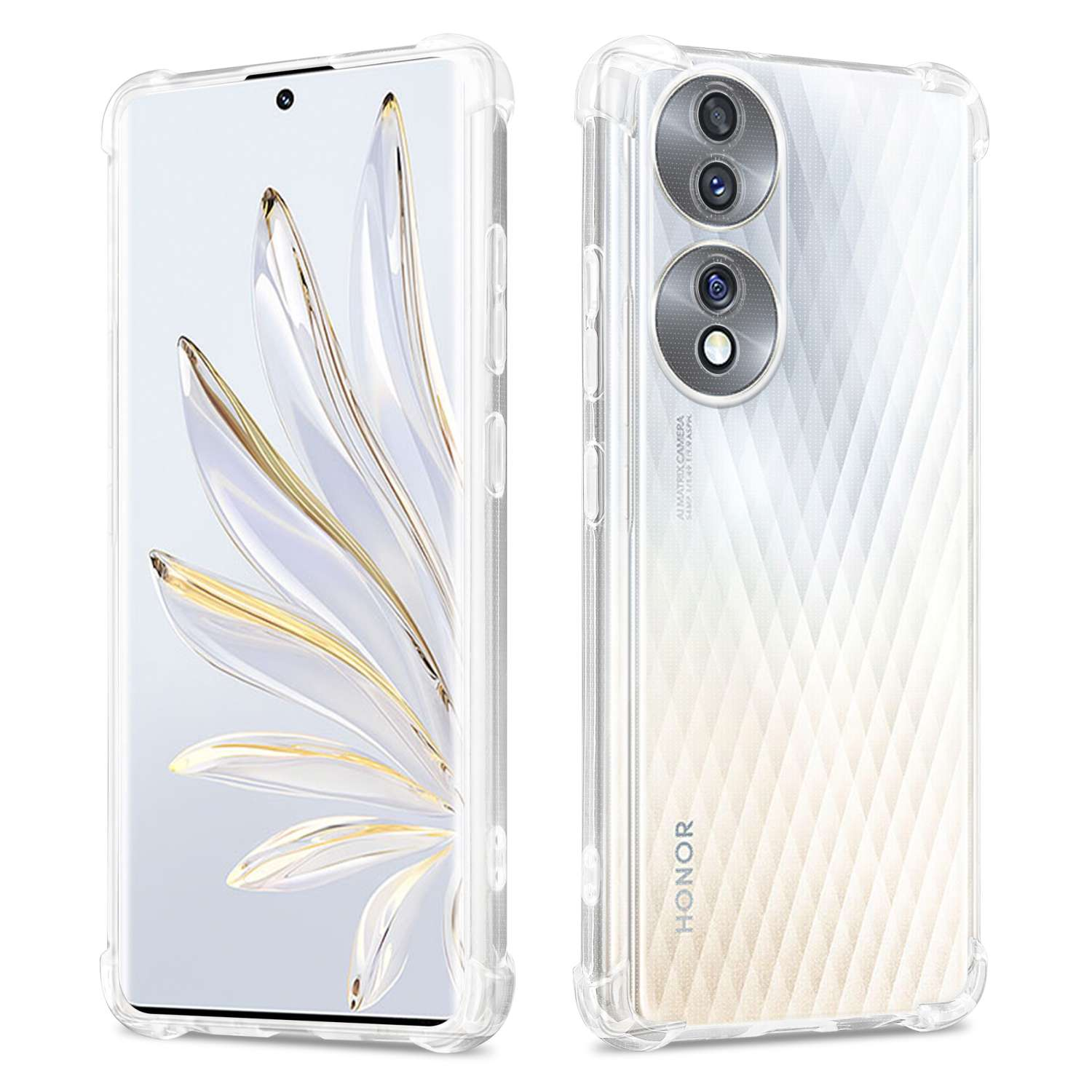 Transparente Handyhülle auf Vorder- und Rückseite des Telefons. Weißes Telefon mit Golddesign.