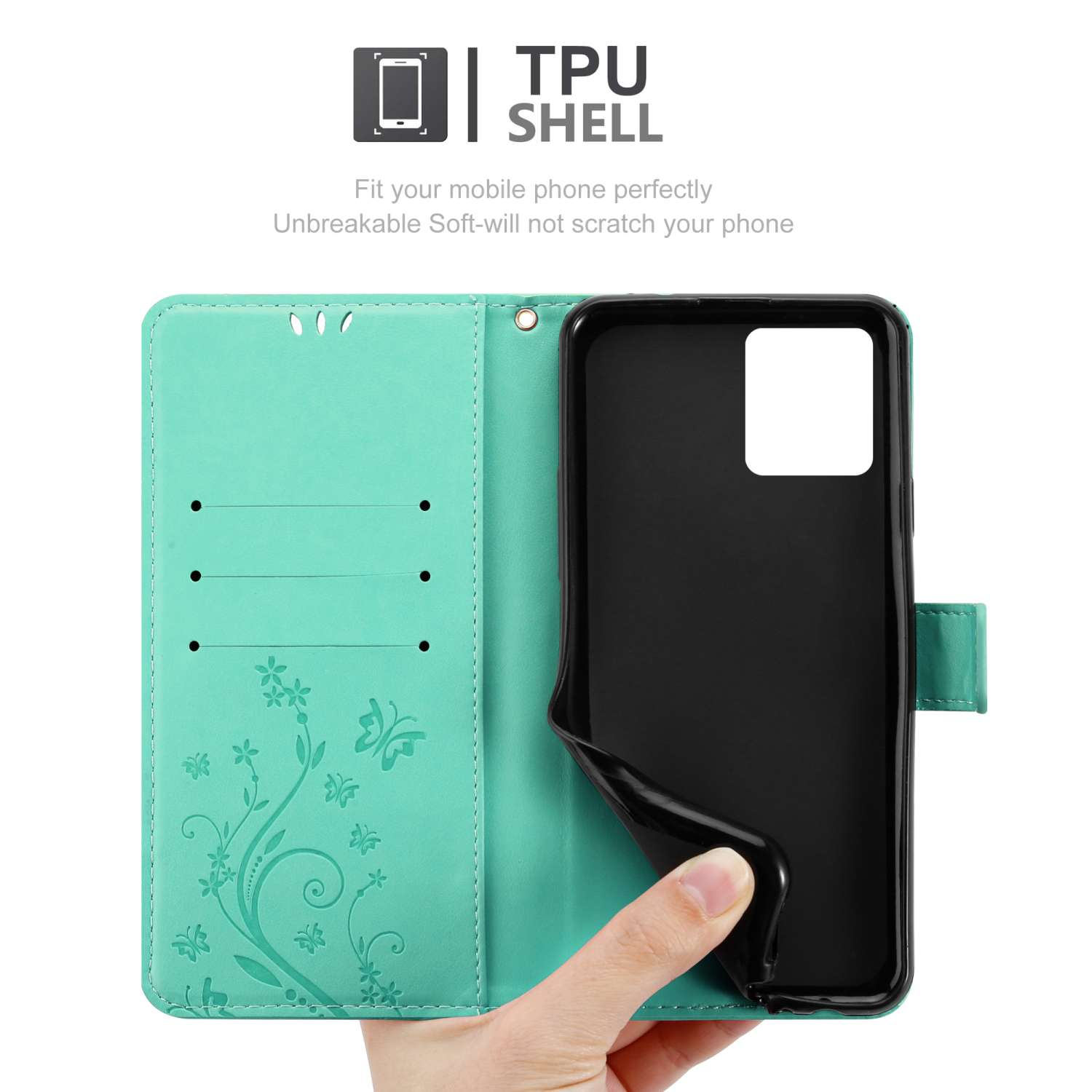 Una mano che tiene un telefono in una custodia turchese con un design a farfalla. Viene mostrato anche il guscio in TPU.