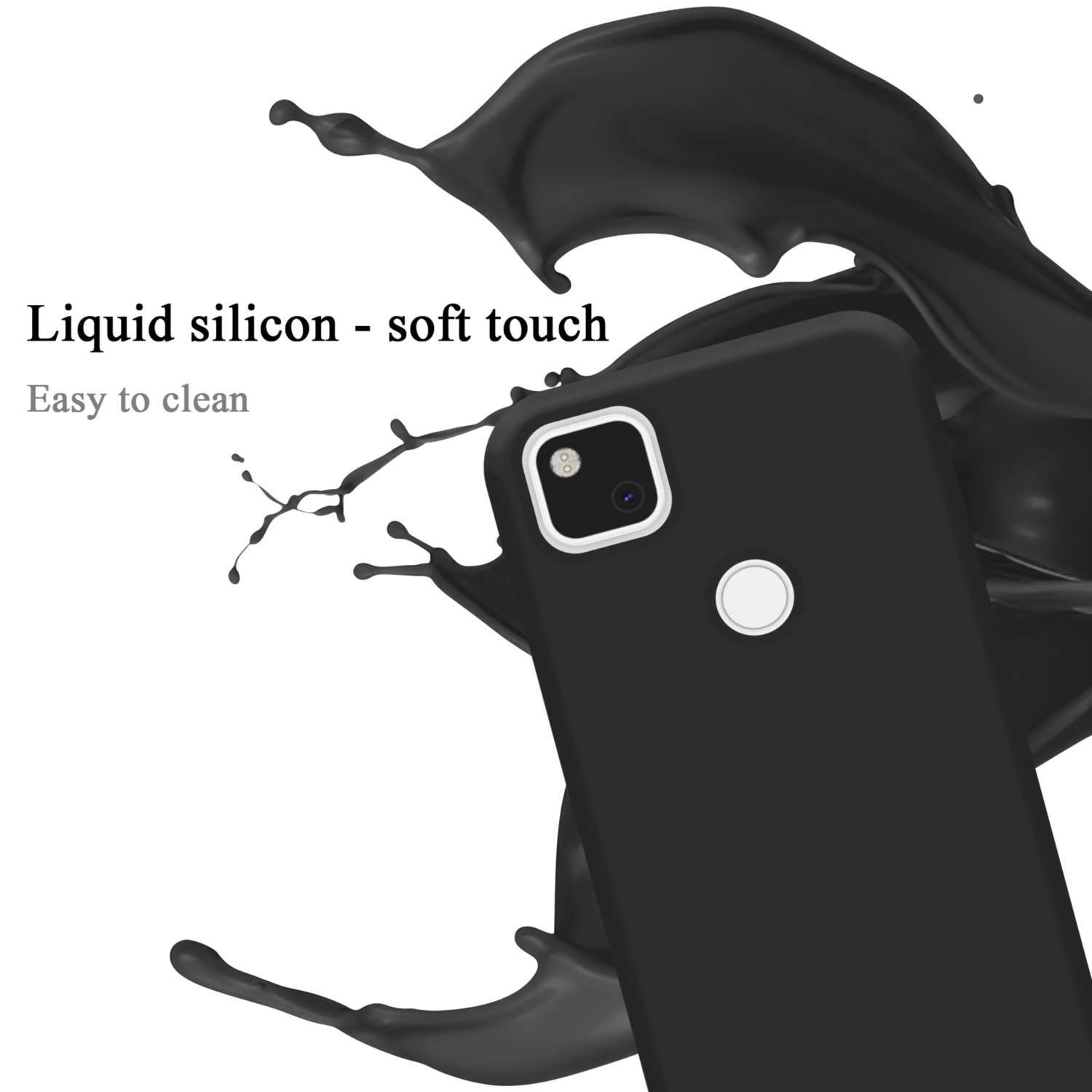 Custodia per telefono nera con uno spruzzo di liquido nero. Presenta una fotocamera.