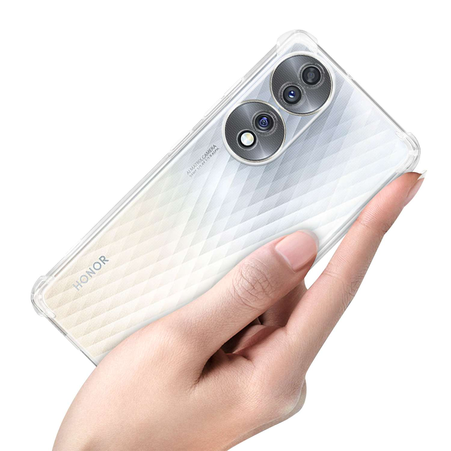 Hand hält durchsichtige Handyhülle über weißem Handy mit Doppelkam. und Rautenmuster-Rückseite.