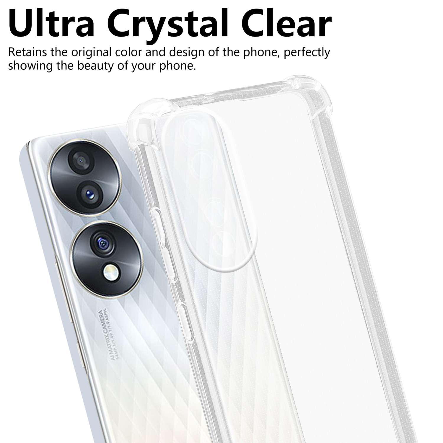 Transparente Handyhülle über einem Telefon. Ultra kristallklar, behält die ursprüngliche Farbe und das Design bei.