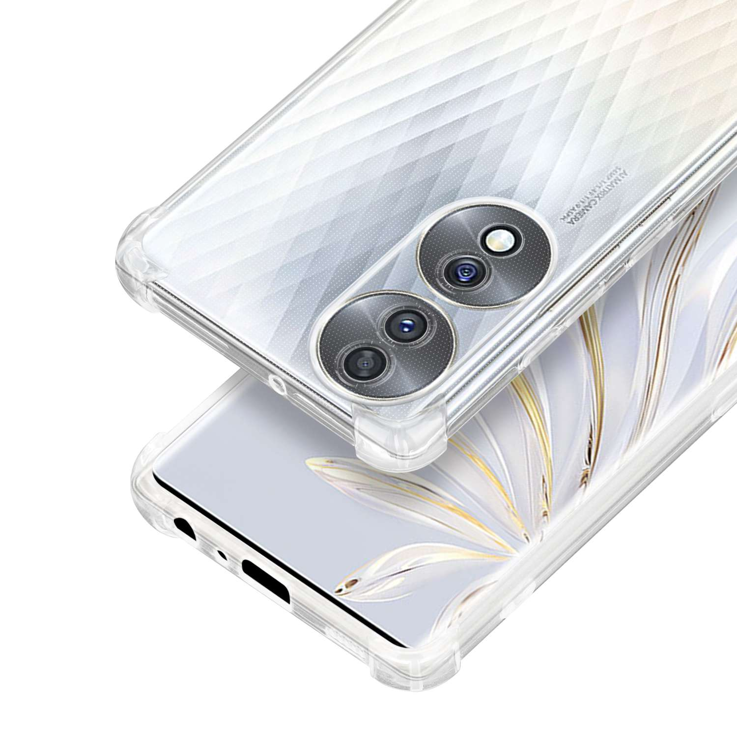 Ein Telefon in einer transparenten Hülle, das ein Kameramodul und einen verschwommenen floralen Hintergrund zeigt.