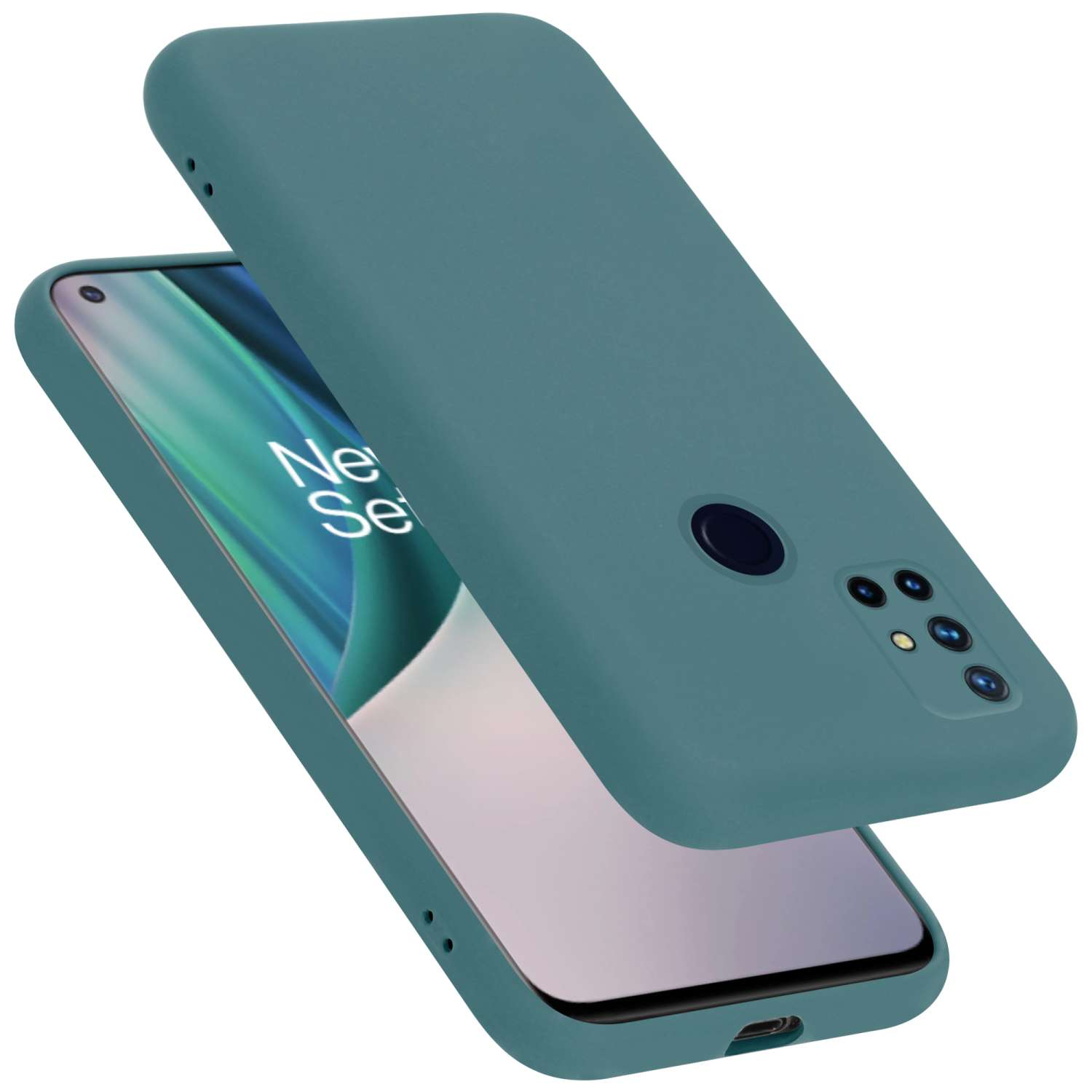 Türkisfarbene Handyhülle mit Telefon. Die Hülle ist leicht geöffnet. Der Bildschirm ist sichtbar.