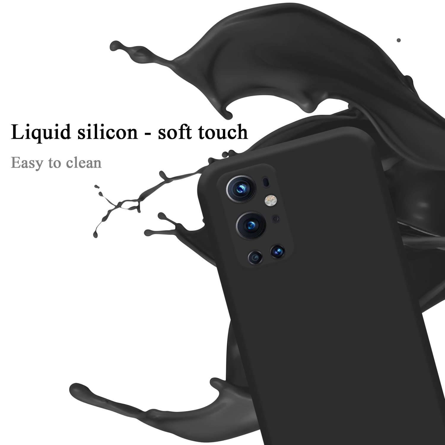 Custodia per telefono nera e un'esplosione di liquido nero. Il testo dice: Silicone liquido - tocco morbido, facile da pulire.
