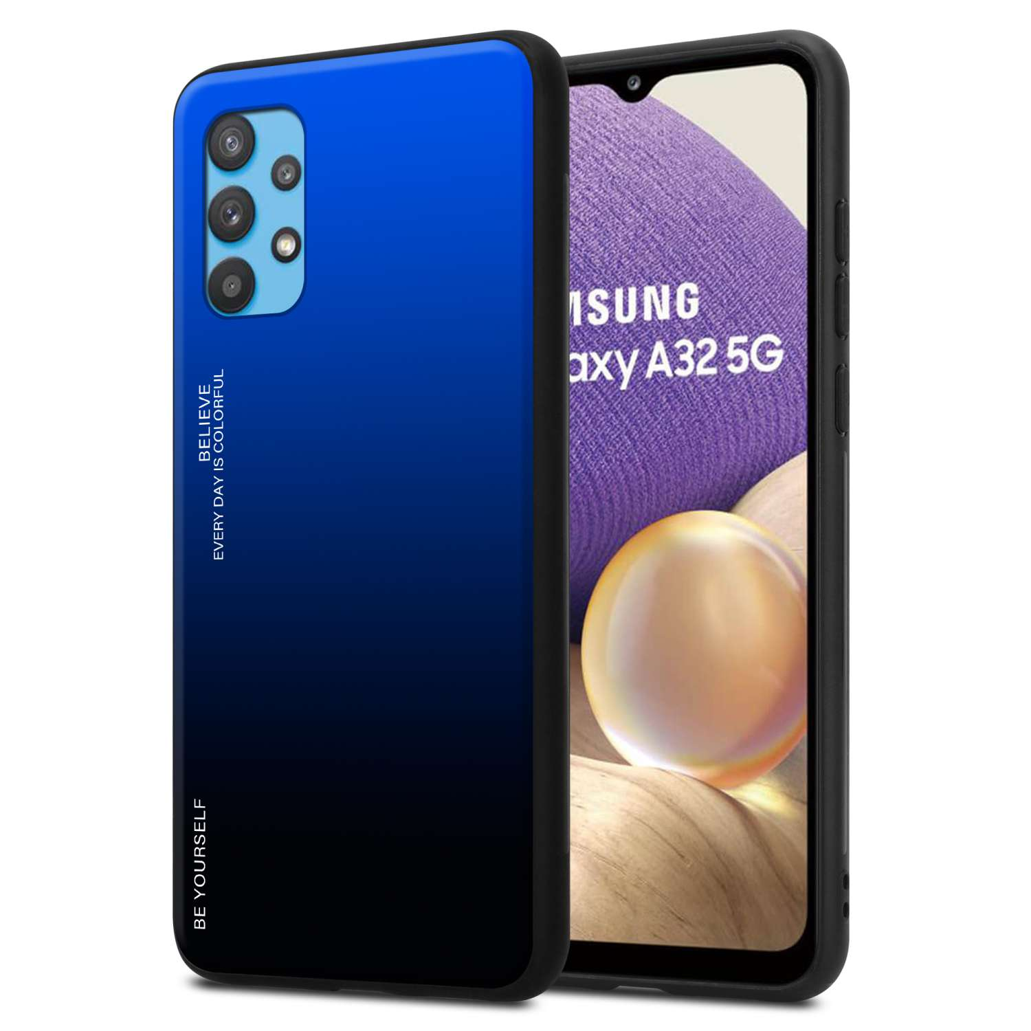 5G, A32 Galaxy Samsung, 2 Farben BLAU - Hülle CADORABO Glas, Backcover, SCHWARZ aus Silikon TPU