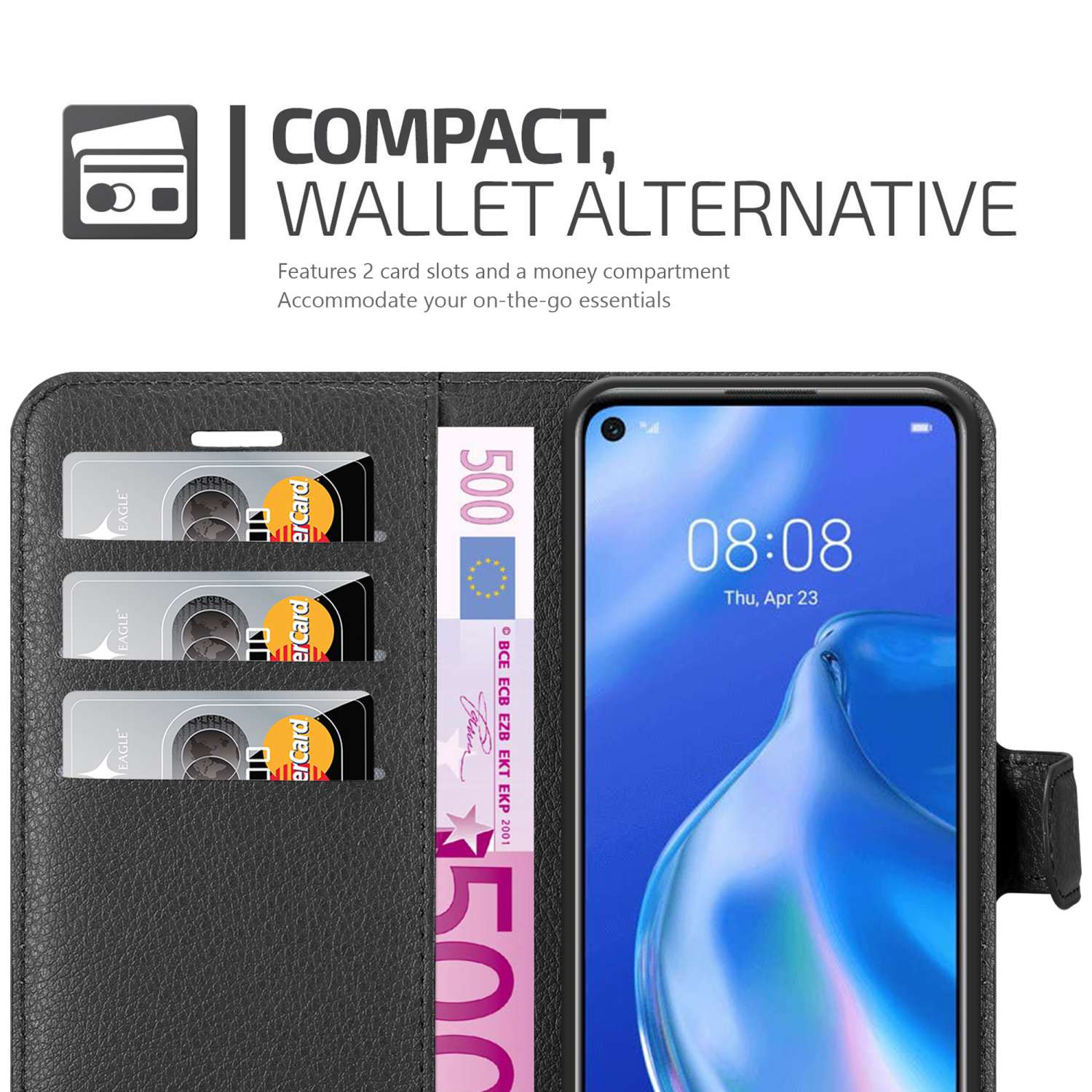 Custodia per telefono nera, alternativa al portafoglio, con fessure per carte e scomparto per soldi. Telefono all'interno.