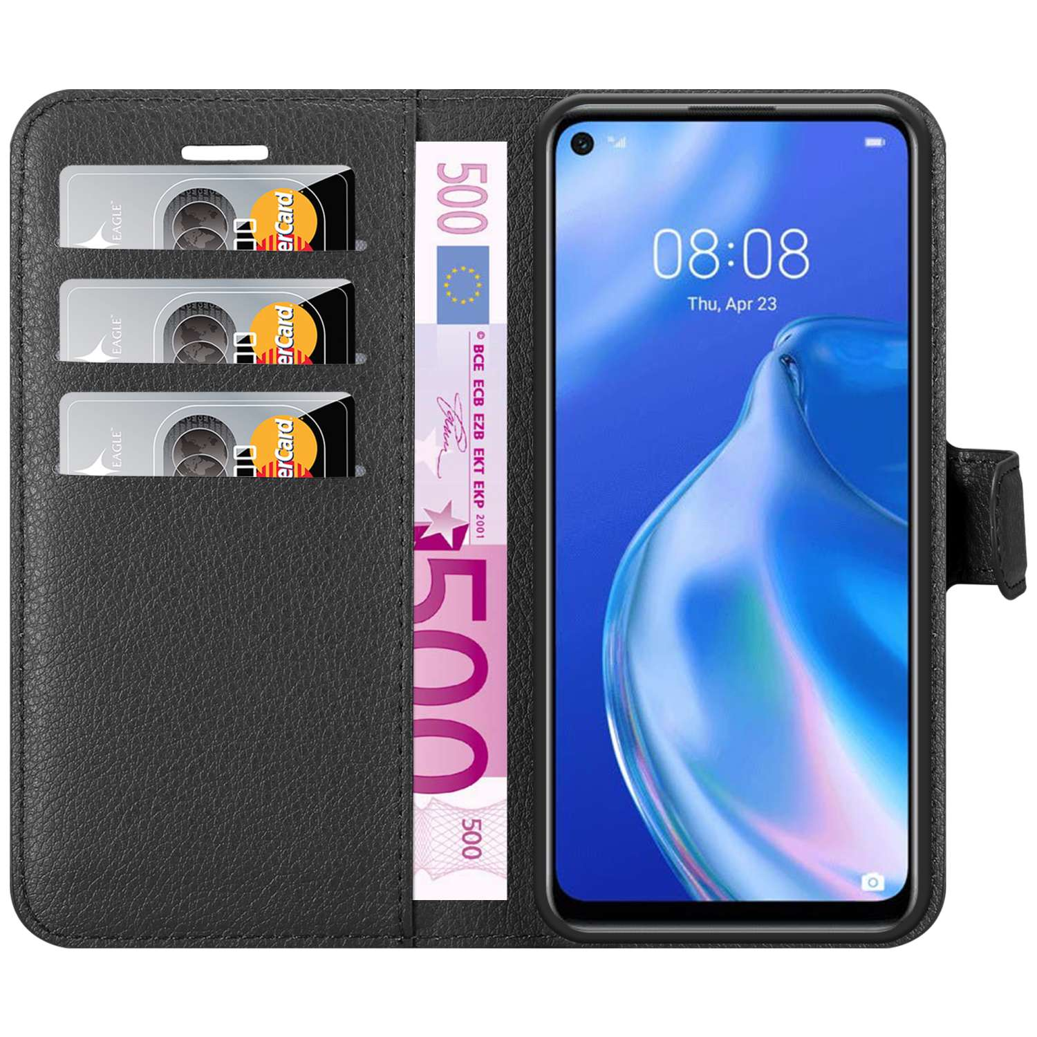 Custodia nera con scomparti per carte e scomparto per banconote, con telefono che mostra schermo.
