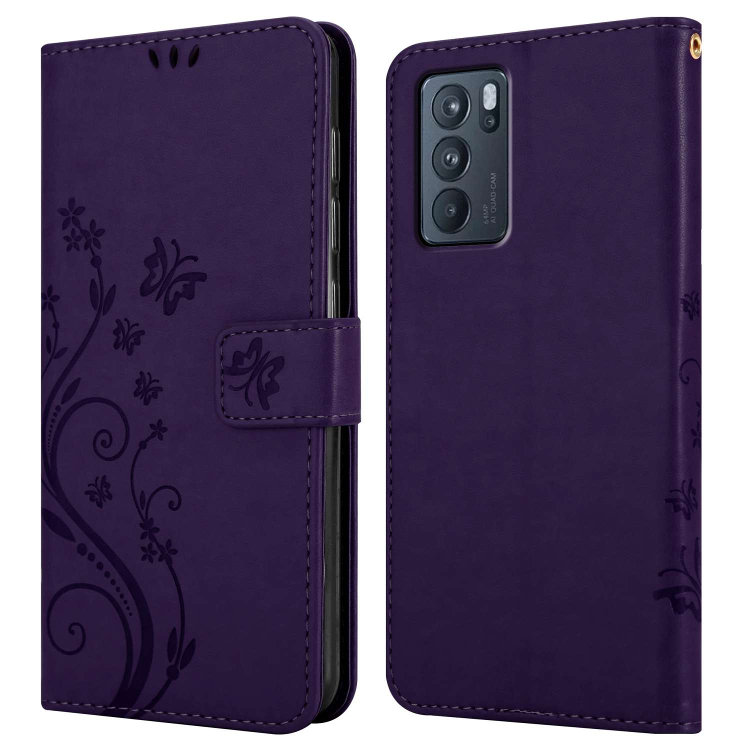 Custodia a portafoglio viola con design floreale a sinistra, telefono a destra.