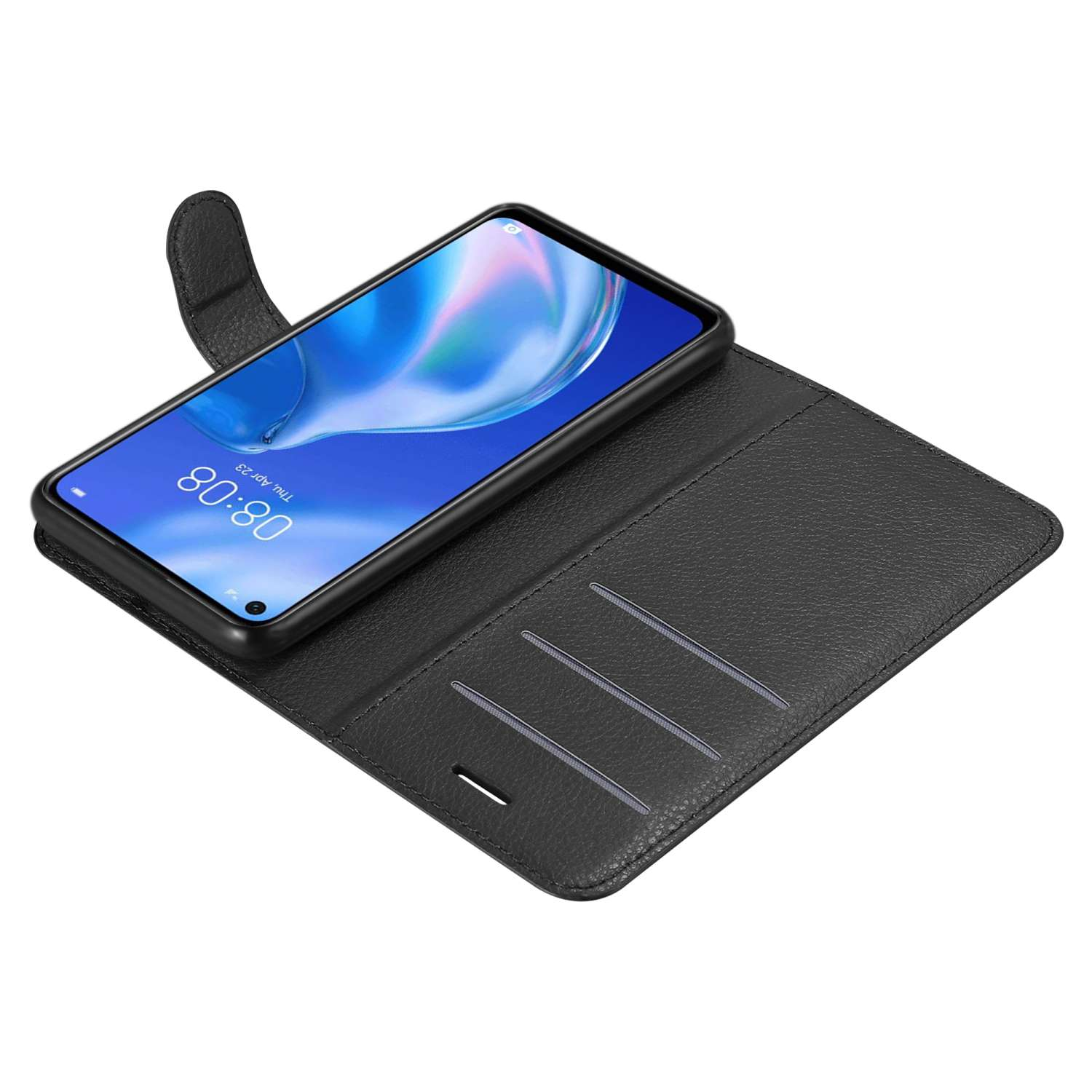 Telefono nero all'interno di una custodia nera aperta a portafoglio. Lo schermo del telefono è visibile.